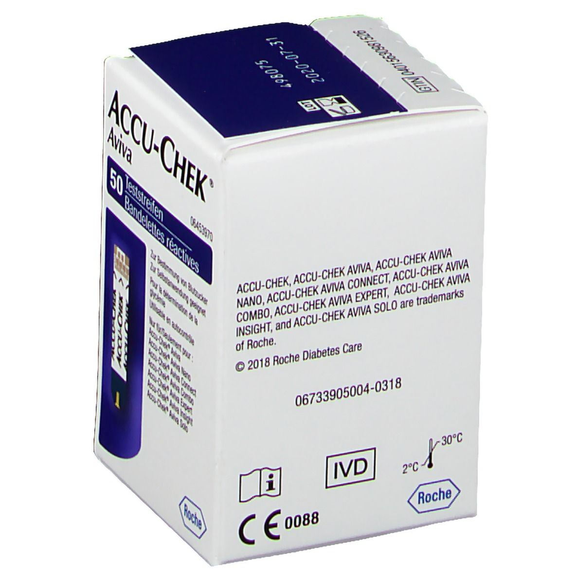 ACCU-CHEK Aviva Teststreifen-Packung. Rückseite mit Text und Logos. CE-Kennzeichnung und IVD-Symbol.
