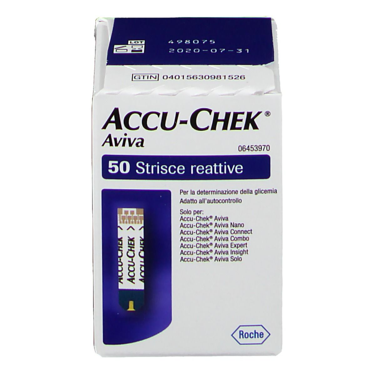 ACCU-CHEK Aviva Teststreifen-Packung. 50 Teststreifen. Aufschrift: 50 Strisce reattive. Mit Roche-Logo.