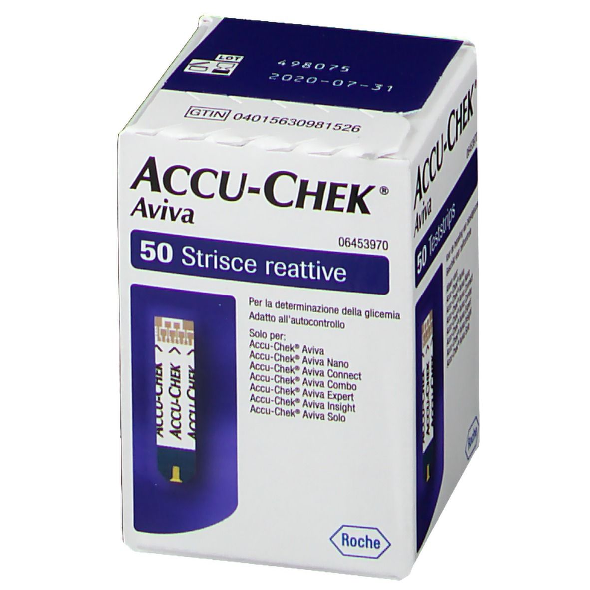 ACCU-CHEK Aviva Teststreifen-Packung. 50 Teststreifen. Aufschrift: 50 Strisce reattive. Mit Roche-Logo.