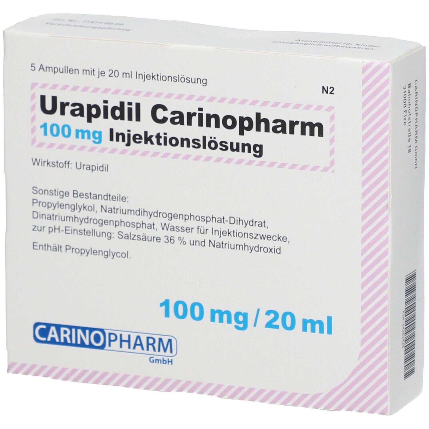 Karton Urapidil Carinopharm 100 mg Injektionslösung. Enthält 5 Ampullen. Text: 100 mg/20 ml, Carinopharm GmbH. Inhaltsstoffe aufgelistet.
