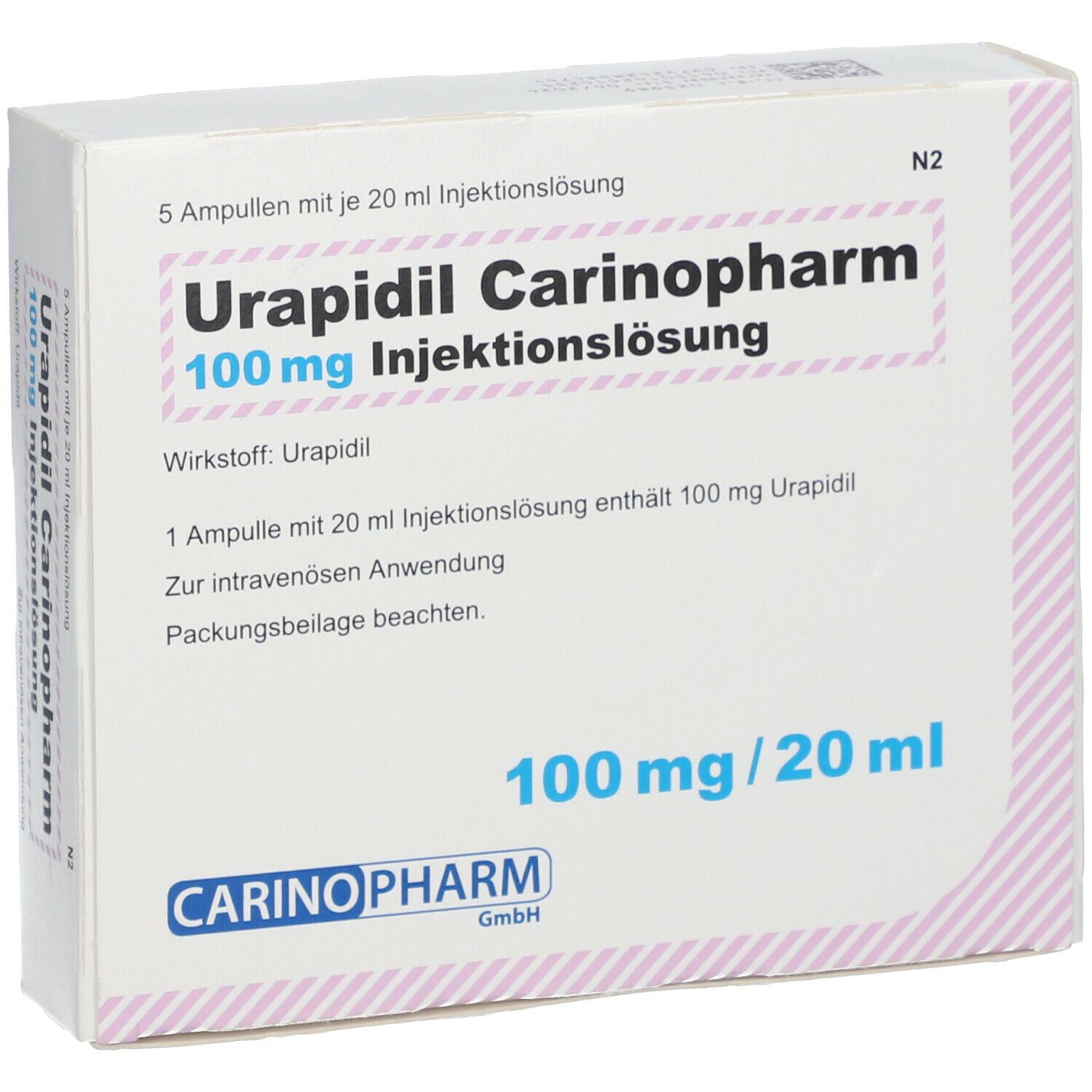 Karton Urapidil Carinopharm 100 mg Injektionslösung. Enthält 5 Ampullen. Text: 100 mg/20 ml, Carinopharm GmbH. Rosa Akzent.