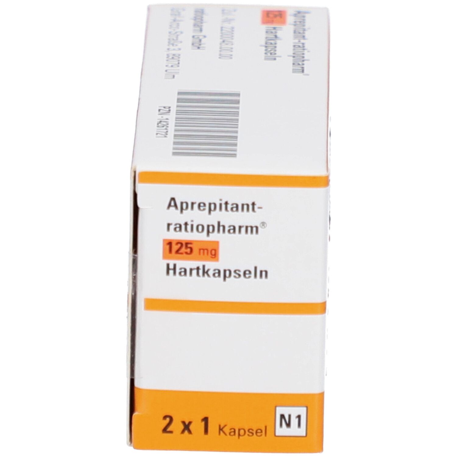 Schachtel mit Aprepitant-ratiopharm® 125 mg Hartkapseln. Aufschrift: 2 x 1 Kapsel. Orangefarbener Streifen.