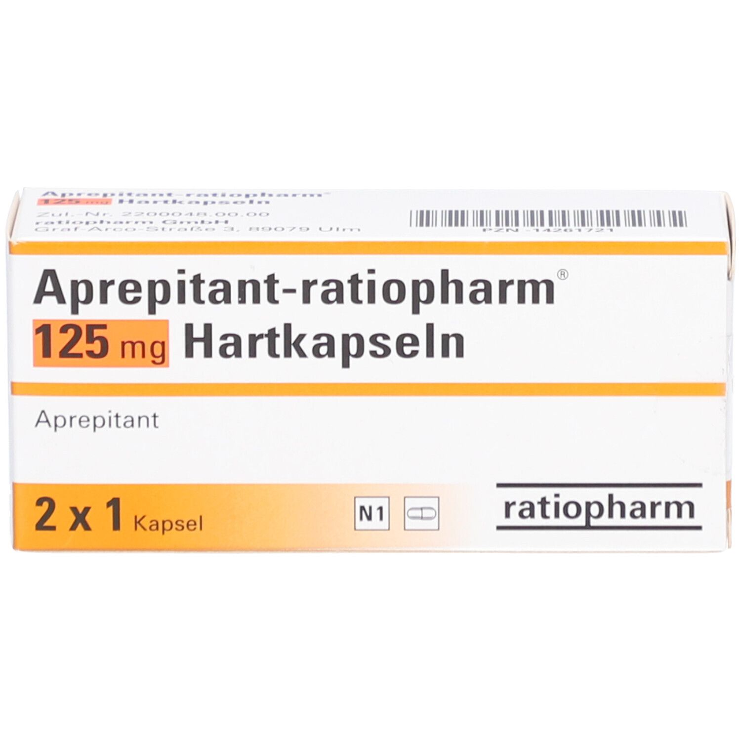 Schachtel mit Aprepitant-ratiopharm® 125 mg Hartkapseln. Aufschrift: 2 x 1 Kapsel. Logo ratiopharm.