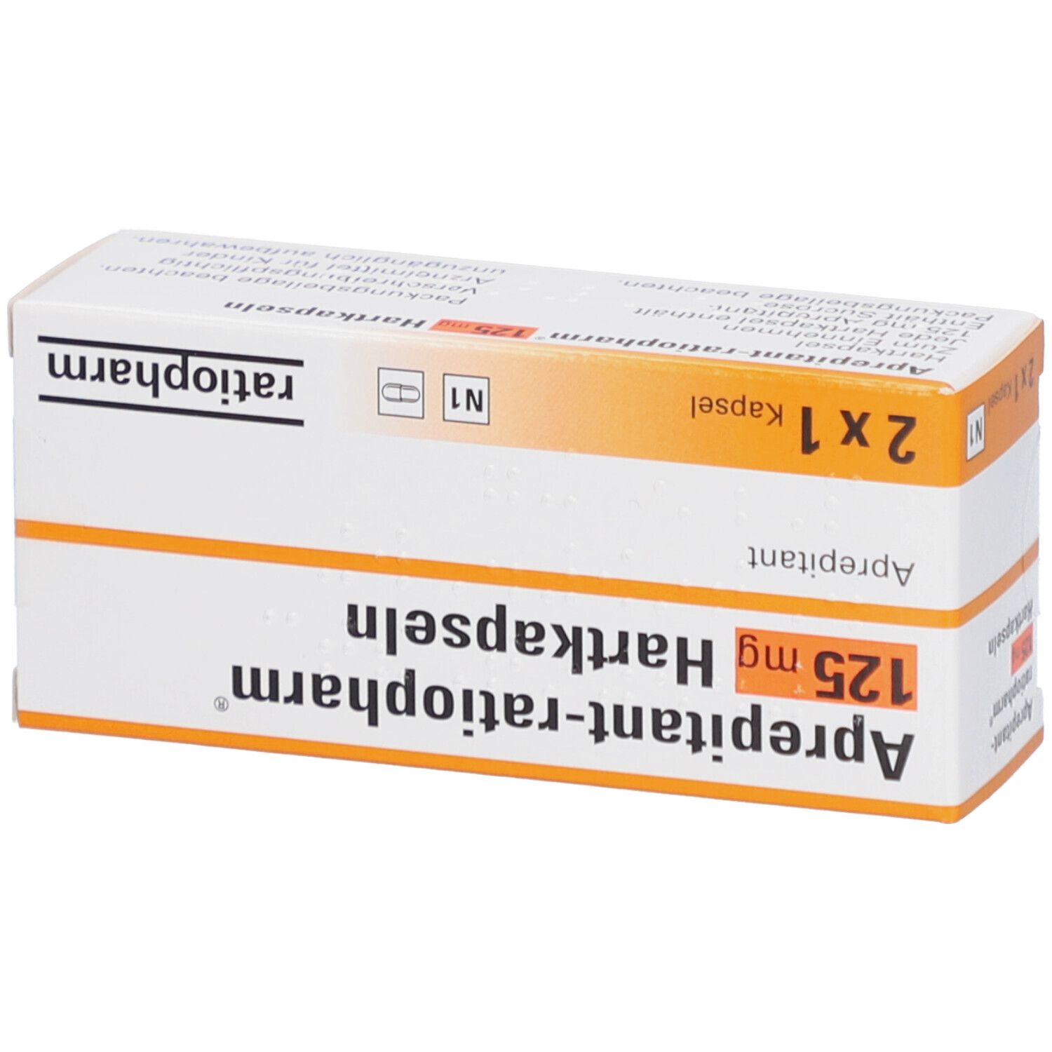 Schachtel mit Aprepitant-ratiopharm® 125 mg Hartkapseln. Aufschrift: 2 x 1 Kapsel. Logo ratiopharm.