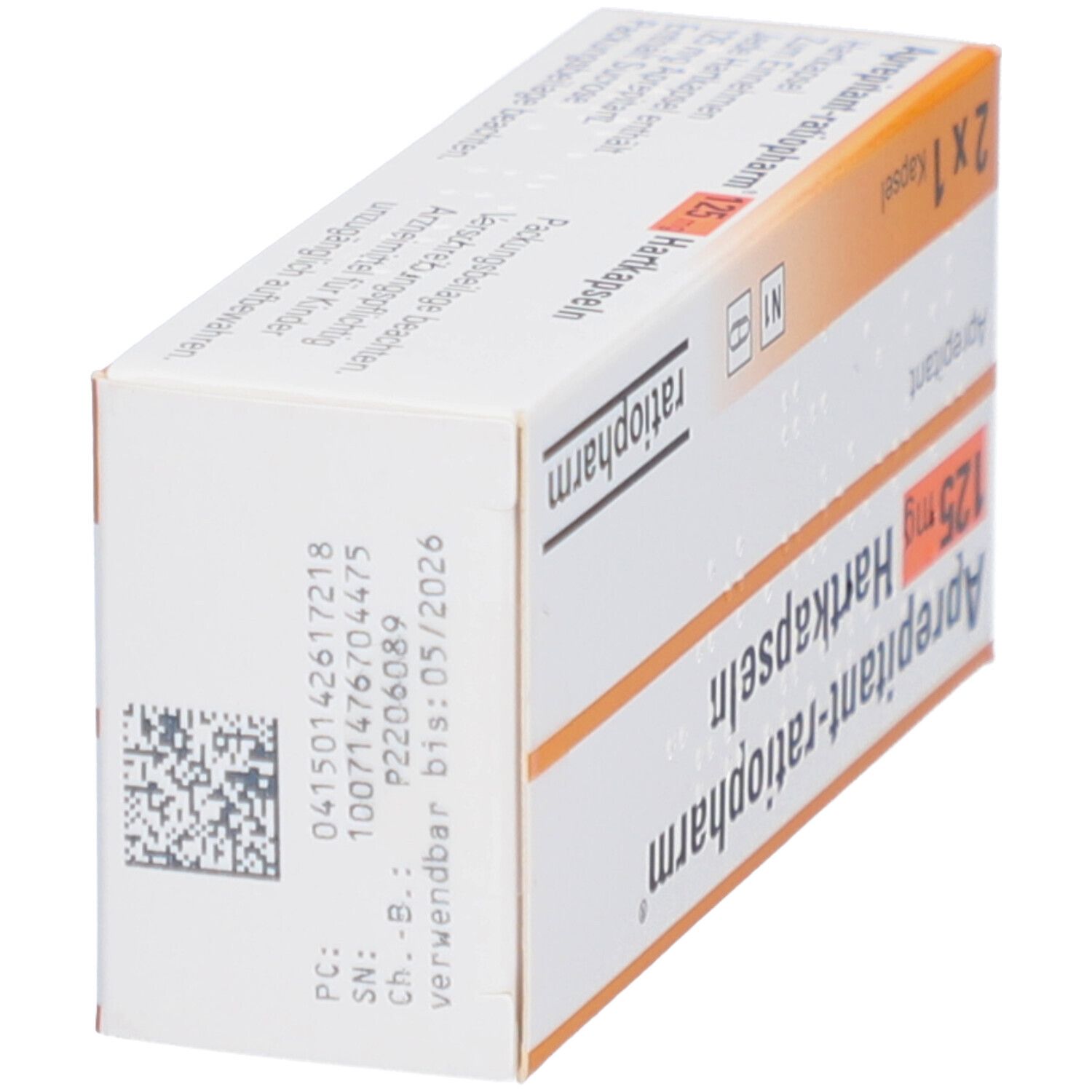 Schachtel mit Aprepitant-ratiopharm® 125 mg Hartkapseln. Aufschrift: 2 x 1 Kapsel. Logo ratiopharm. Barcode.