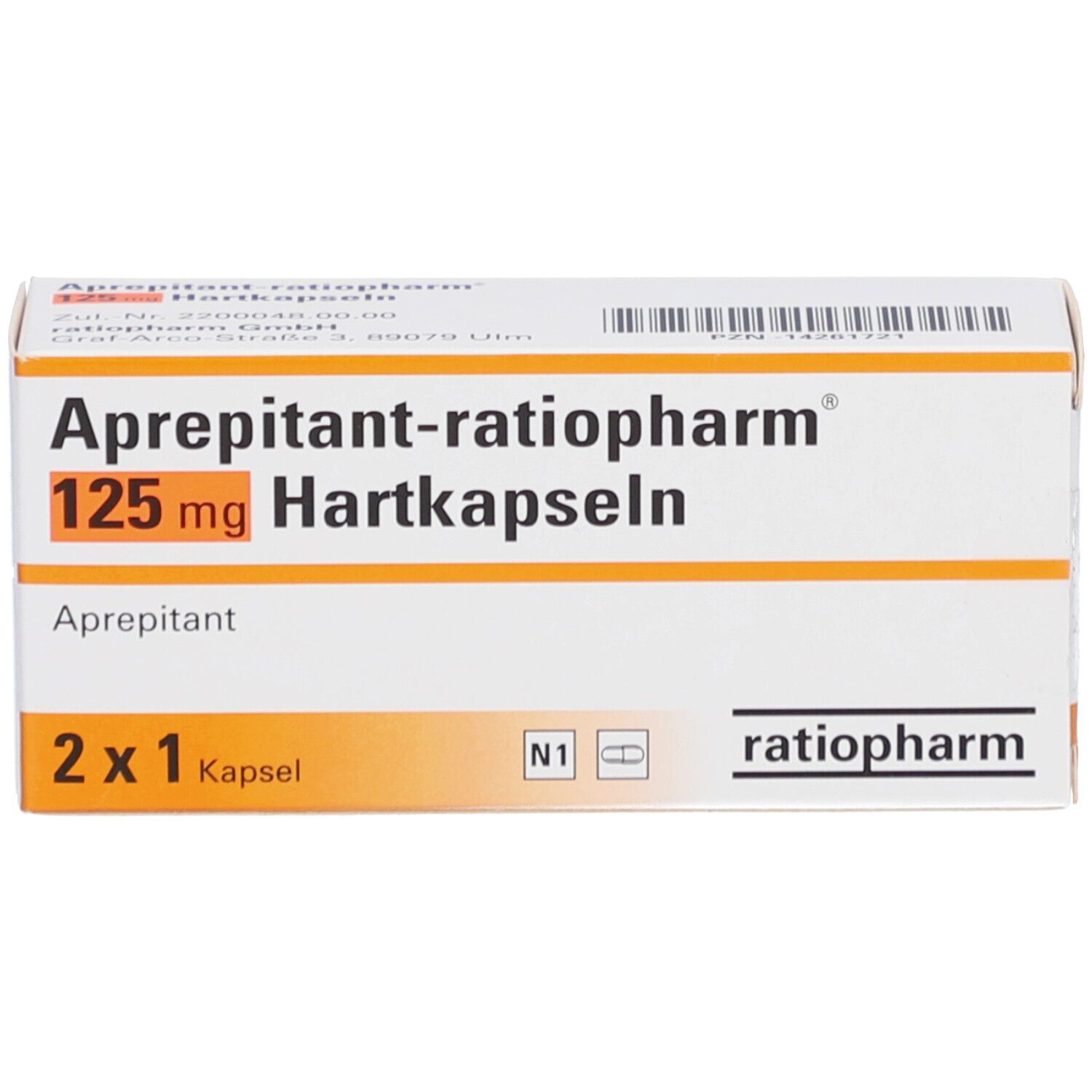Schachtel mit Aprepitant-ratiopharm® 125 mg Hartkapseln. Aufschrift: 2 x 1 Kapsel. Logo ratiopharm.
