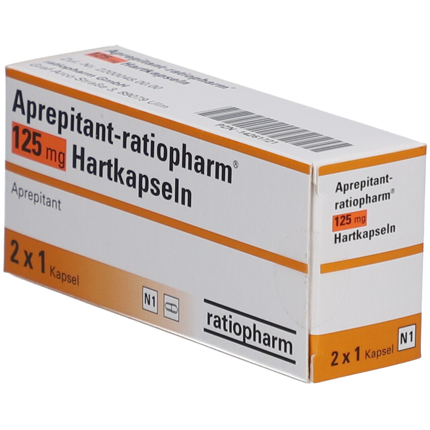 Schachtel mit Aprepitant-ratiopharm® 125 mg Hartkapseln. Aufschrift: 2 x 1 Kapsel. Logo ratiopharm.