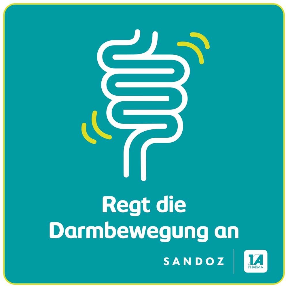 Grafik: Darm mit gelben Wellen. Text: Regt die Darmbewegung an. Logo Sandoz und 1A Pharma.