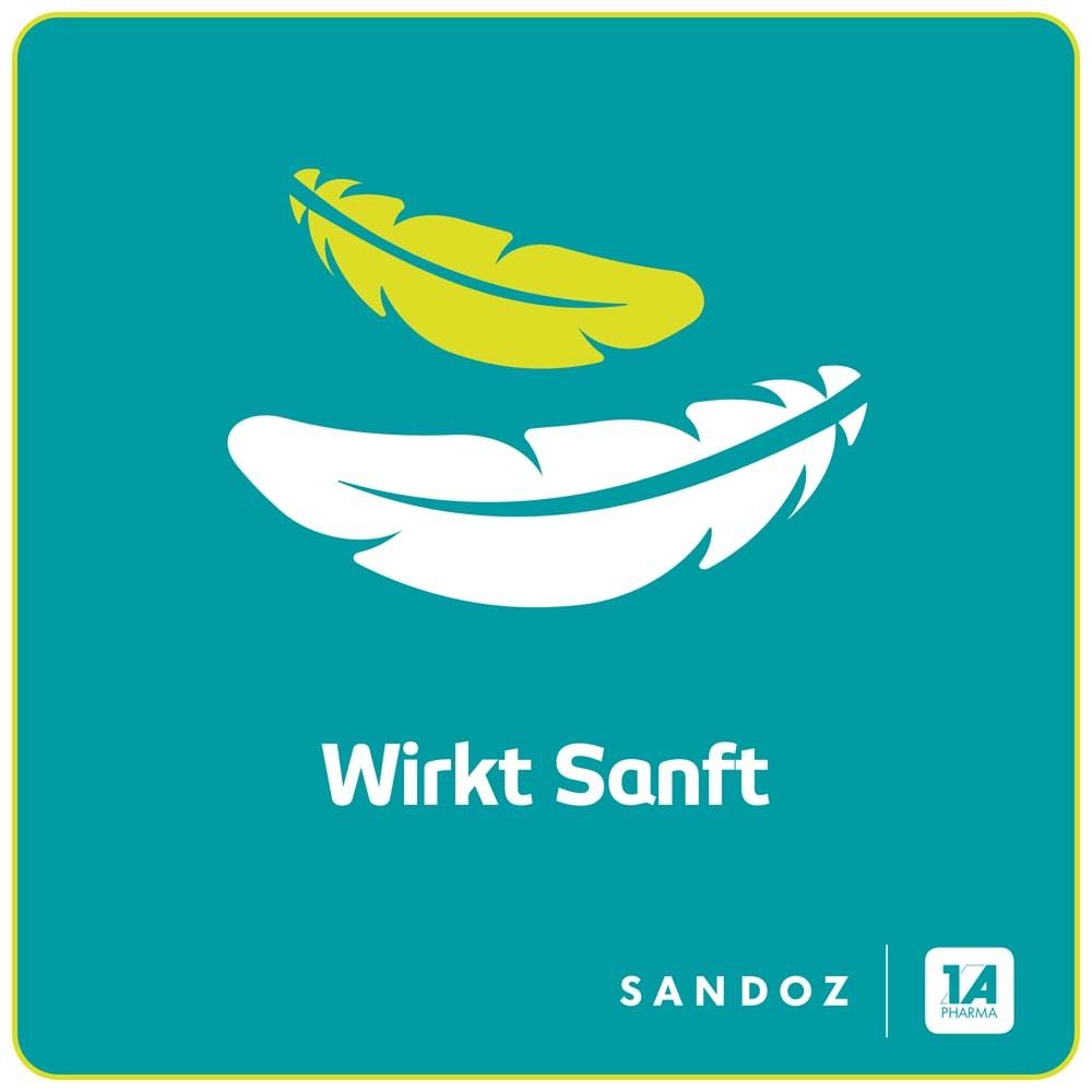 Grafik: Zwei Federn. Text: Wirkt Sanft. Logo Sandoz und 1A Pharma.