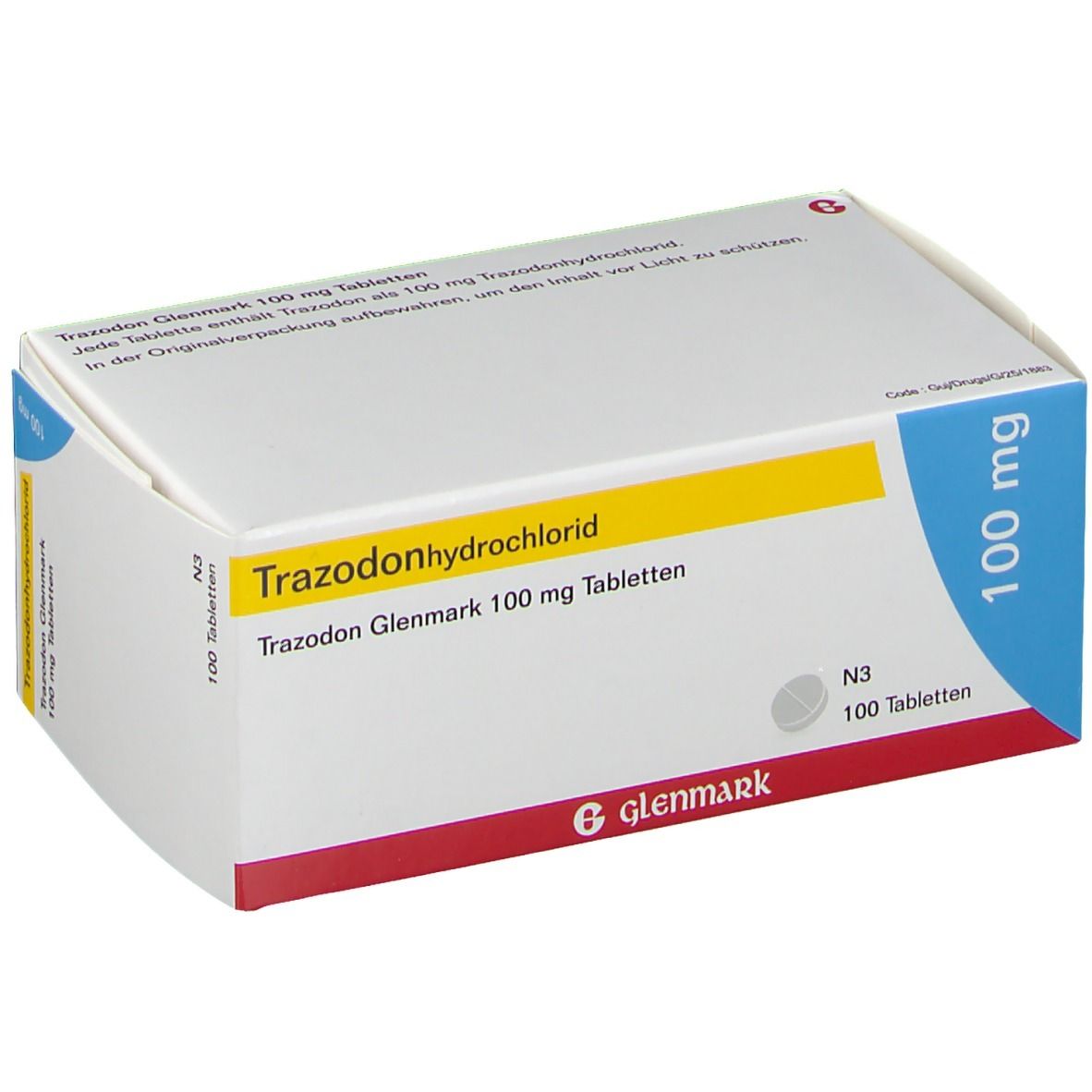 Schachtel mit Trazodon Glenmark 100 mg Tabletten. Aufschrift: Trazodonhydrochlorid, 100 mg. Marke Glenmark. Blaue und gelbe Akzente.