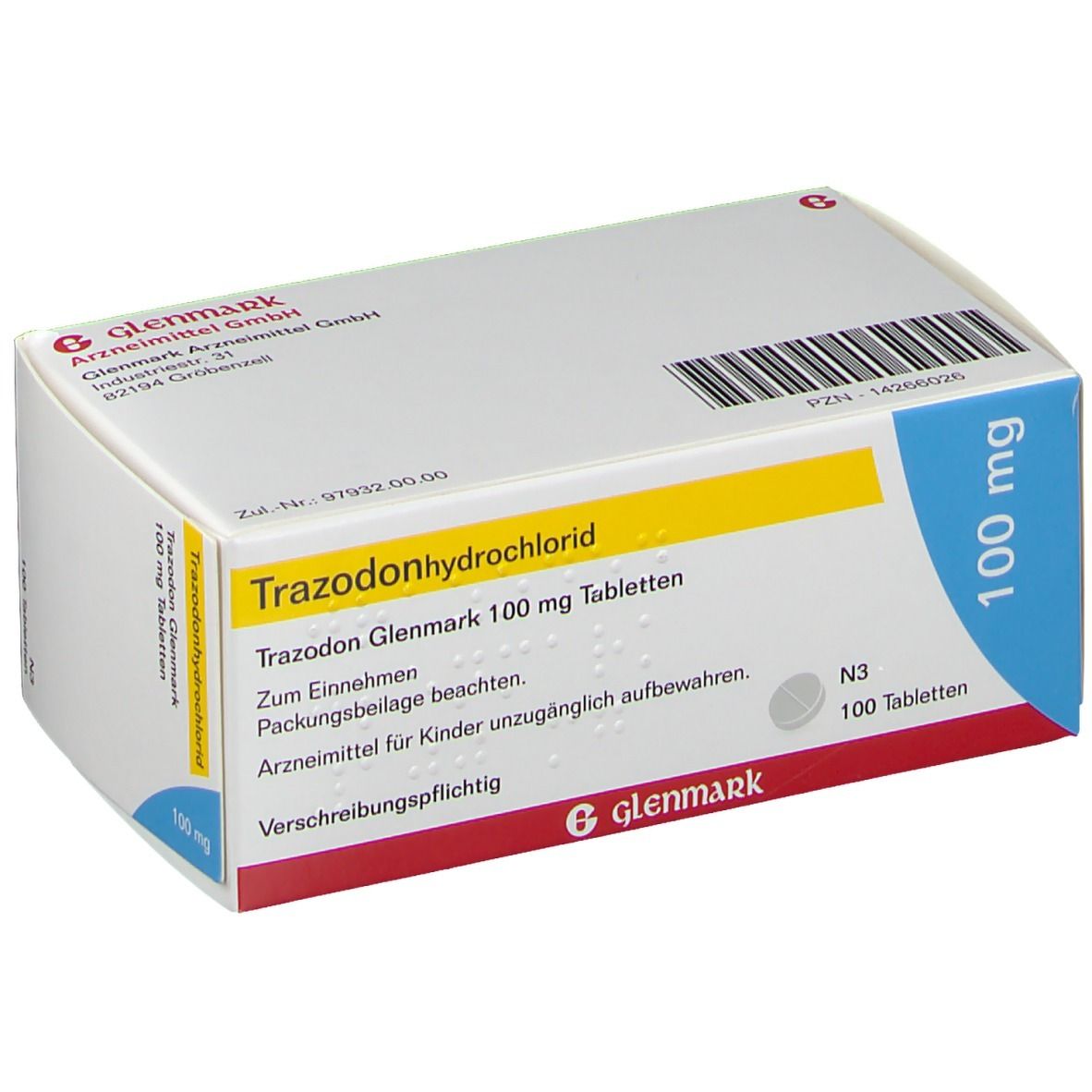 Schachtel mit Trazodon Glenmark 100 mg Tabletten. Aufschrift: Trazodonhydrochlorid, 100 mg. Marke Glenmark. Blaue und gelbe Akzente. Packungsbeilage.
