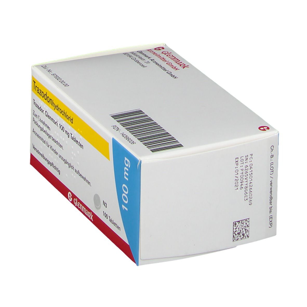 Schachtel mit Trazodon Glenmark 100 mg Tabletten. Aufschrift: Trazodonhydrochlorid, 100 mg. Marke Glenmark. Blaue und gelbe Akzente. Rückseite mit Codes.