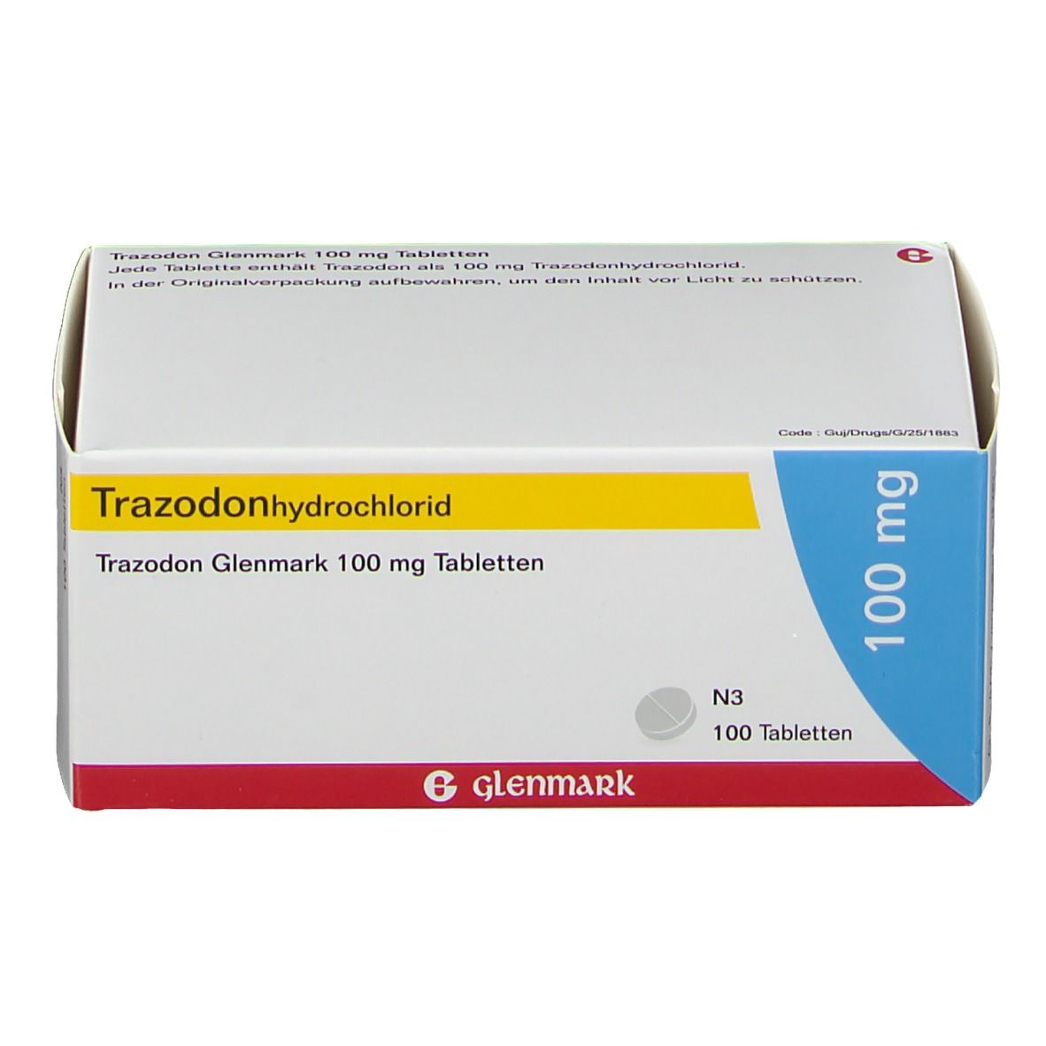 Schachtel mit Trazodon Glenmark 100 mg Tabletten. Aufschrift: Trazodonhydrochlorid, 100 mg. Marke Glenmark. Blaue und gelbe Akzente.