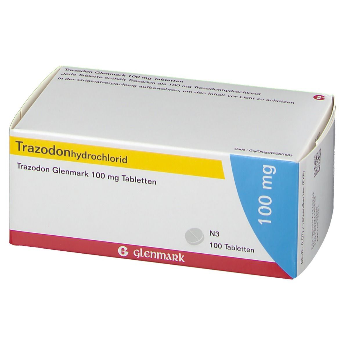 Schachtel mit Trazodon Glenmark 100 mg Tabletten. Aufschrift: Trazodonhydrochlorid, 100 mg. Marke Glenmark. Blaue und gelbe Akzente.
