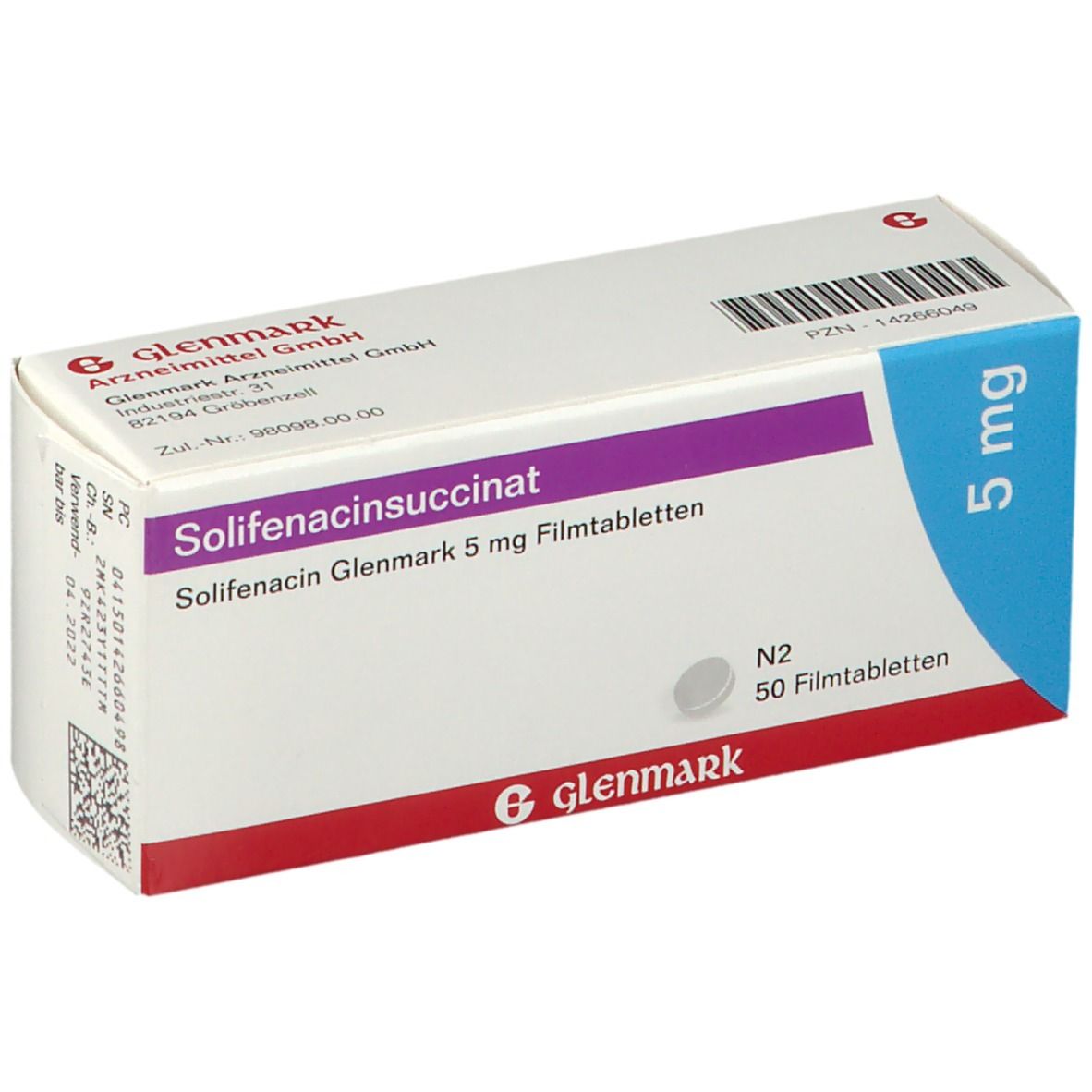 Schachtel Solifenacin Glenmark 5 mg Filmtabletten. Aufschrift: Solifenacin succinat, 5 mg, 50 Filmtabletten. Marke Glenmark. Blaue Markierung.