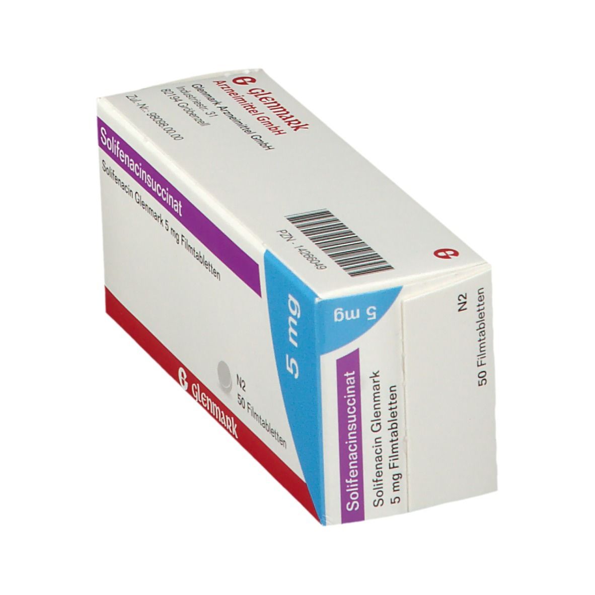 Schräg gestellte Schachtel Solifenacin Glenmark 5 mg. Aufschrift: Solifenacin succinat, 5 mg, 50 Filmtabletten. Marke Glenmark. Blaue Markierung.