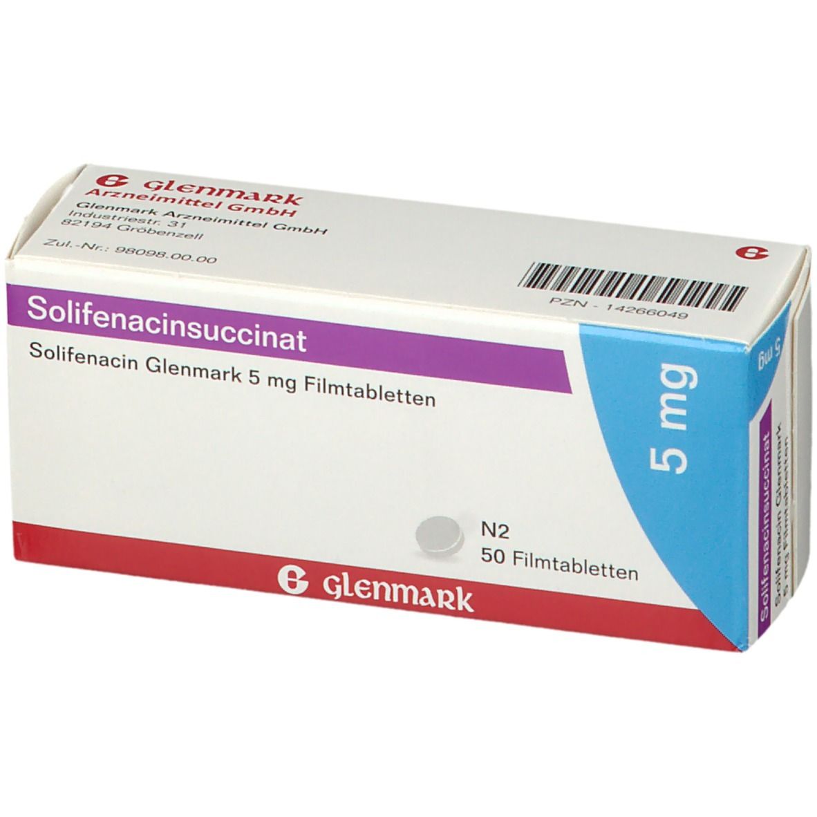 Schachtel Solifenacin Glenmark 5 mg Filmtabletten. Aufschrift: Solifenacin succinat, 5 mg, 50 Filmtabletten. Marke Glenmark. Blaue Markierung.