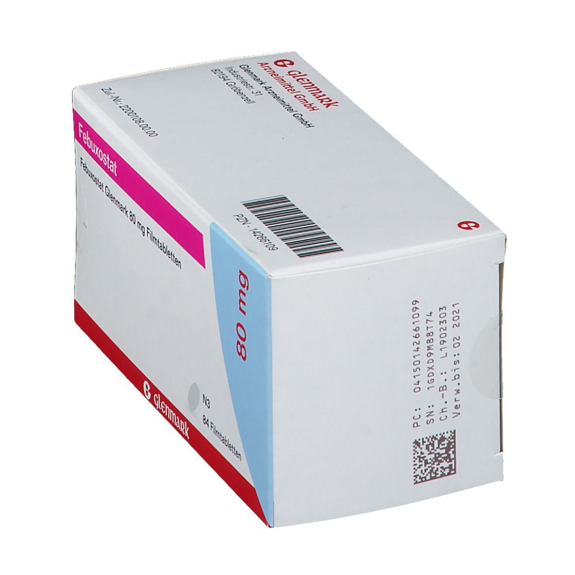 Schachtel mit Febuxostat Glenmark 80 mg Filmtabletten. Seitenansicht mit Text und Barcode.