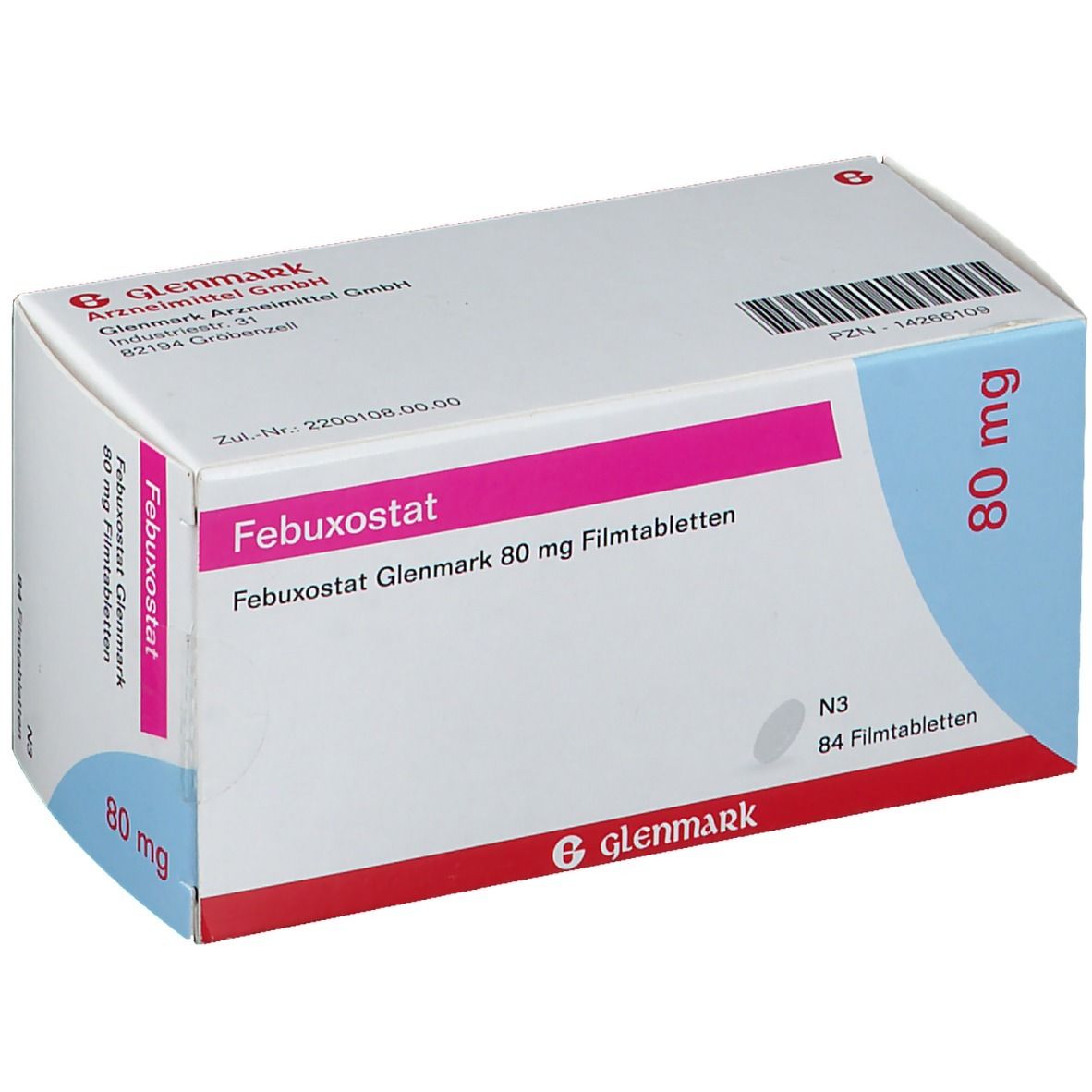 Schachtel mit Febuxostat Glenmark 80 mg Filmtabletten. Rosa und weiße Verpackung mit Text und Logo.
