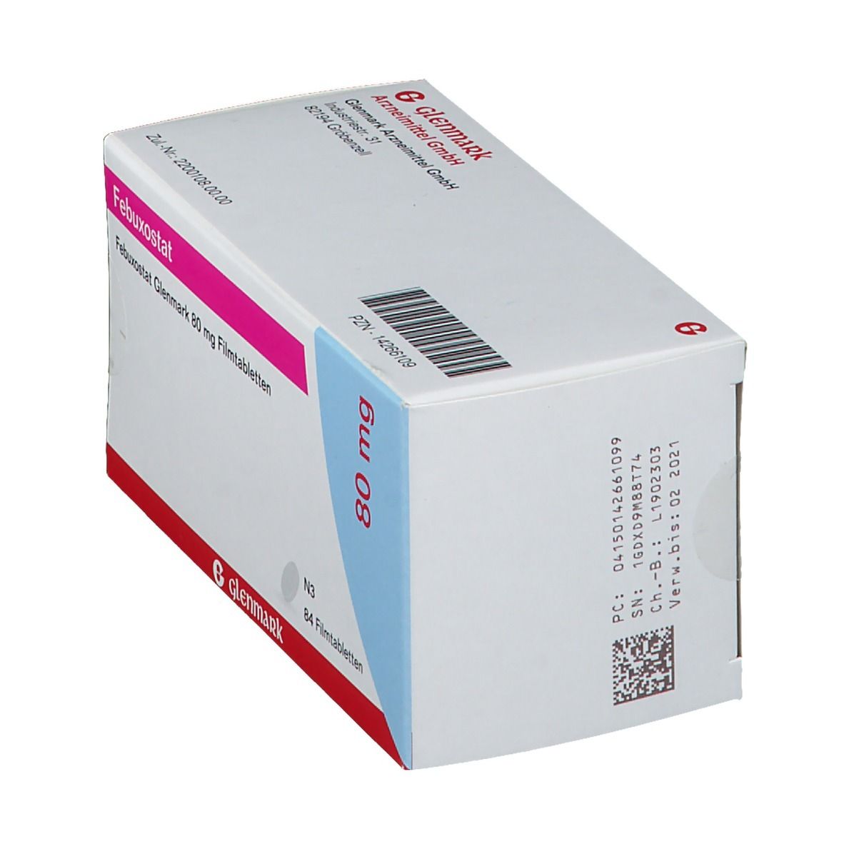 Schachtel mit Febuxostat Glenmark 80 mg Filmtabletten. Seitenansicht mit Text und Barcode.