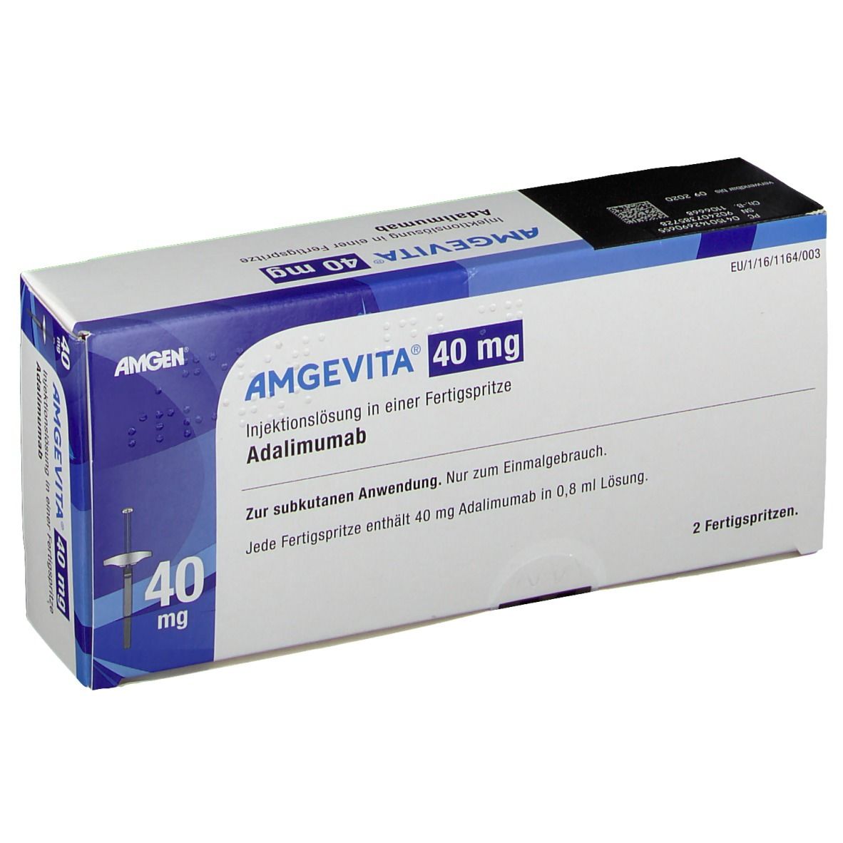 AMGEVITA 40 mg Packung. Enthält 2 Fertigspritzen. Blaue und weiße Verpackung mit Produktinformationen.