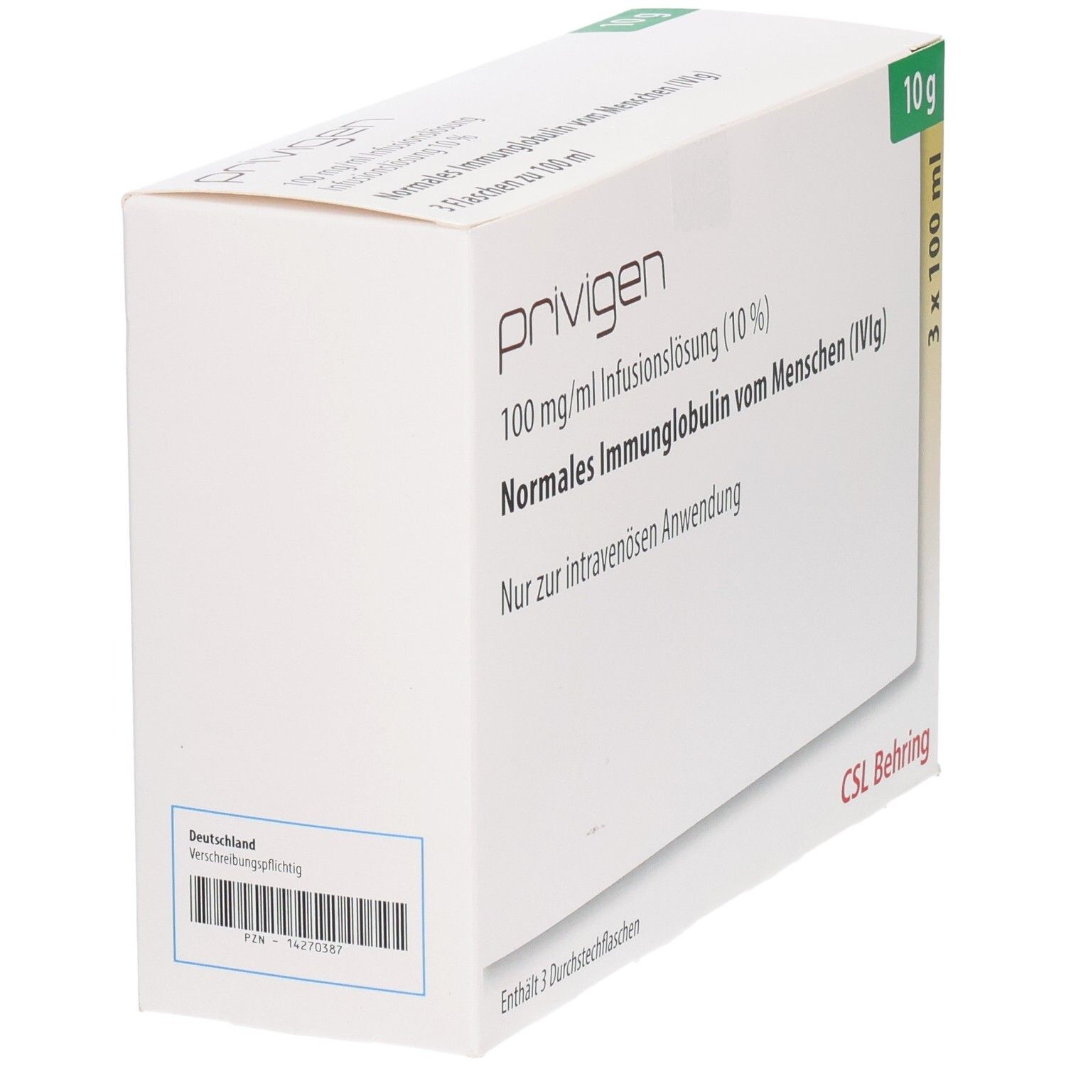 Kartonverpackung mit Produktinformationen. Aufschrift: Privigen, 100 mg/ml Infusionslösung. Barcode und CSL Behring Logo.