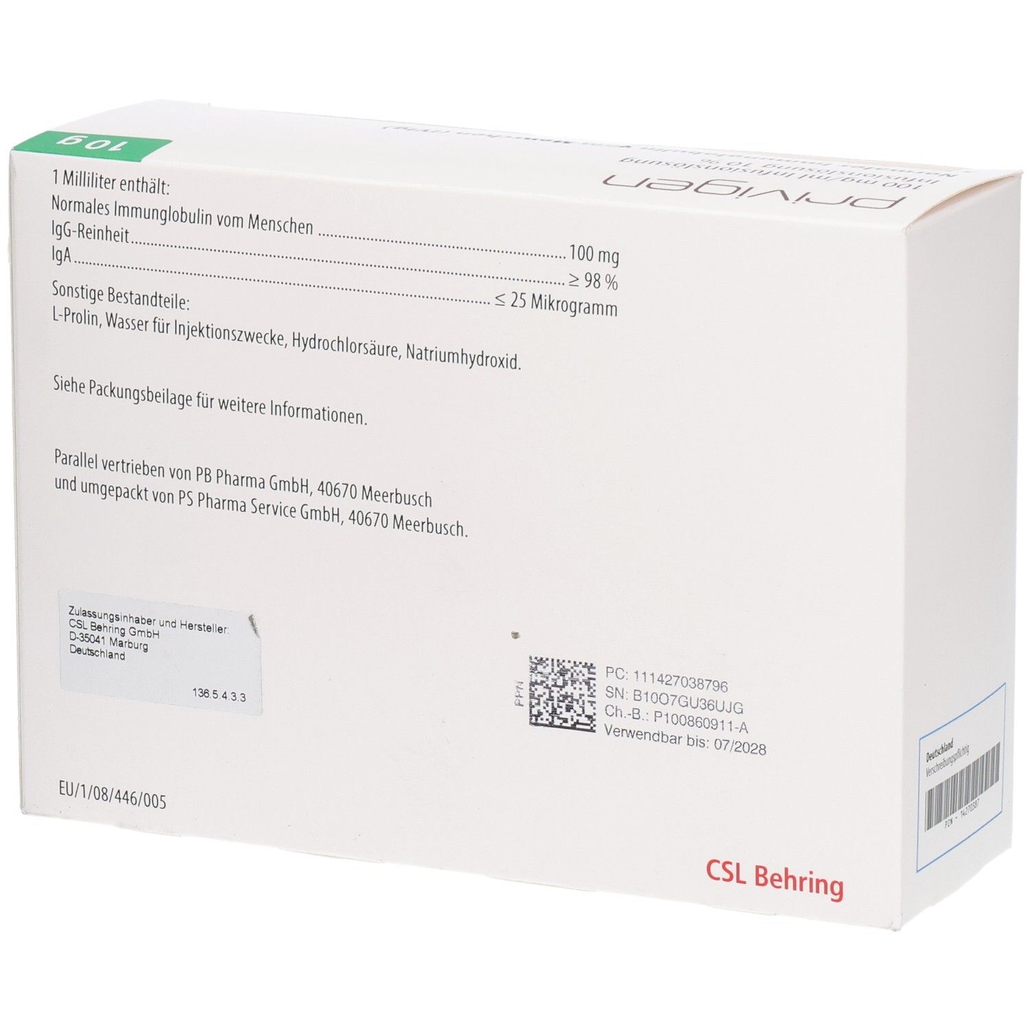 Rückseite der Kartonverpackung mit Inhaltsangaben und Herstellerinformationen. CSL Behring Logo.