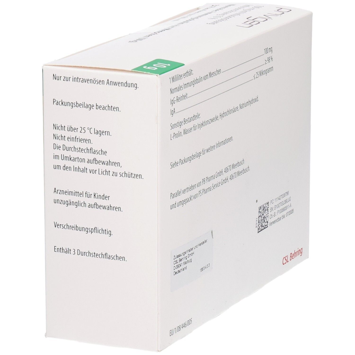 Seite der Kartonverpackung mit Warnhinweisen und Lagerungshinweisen. Enthält 3 Durchstechflaschen.