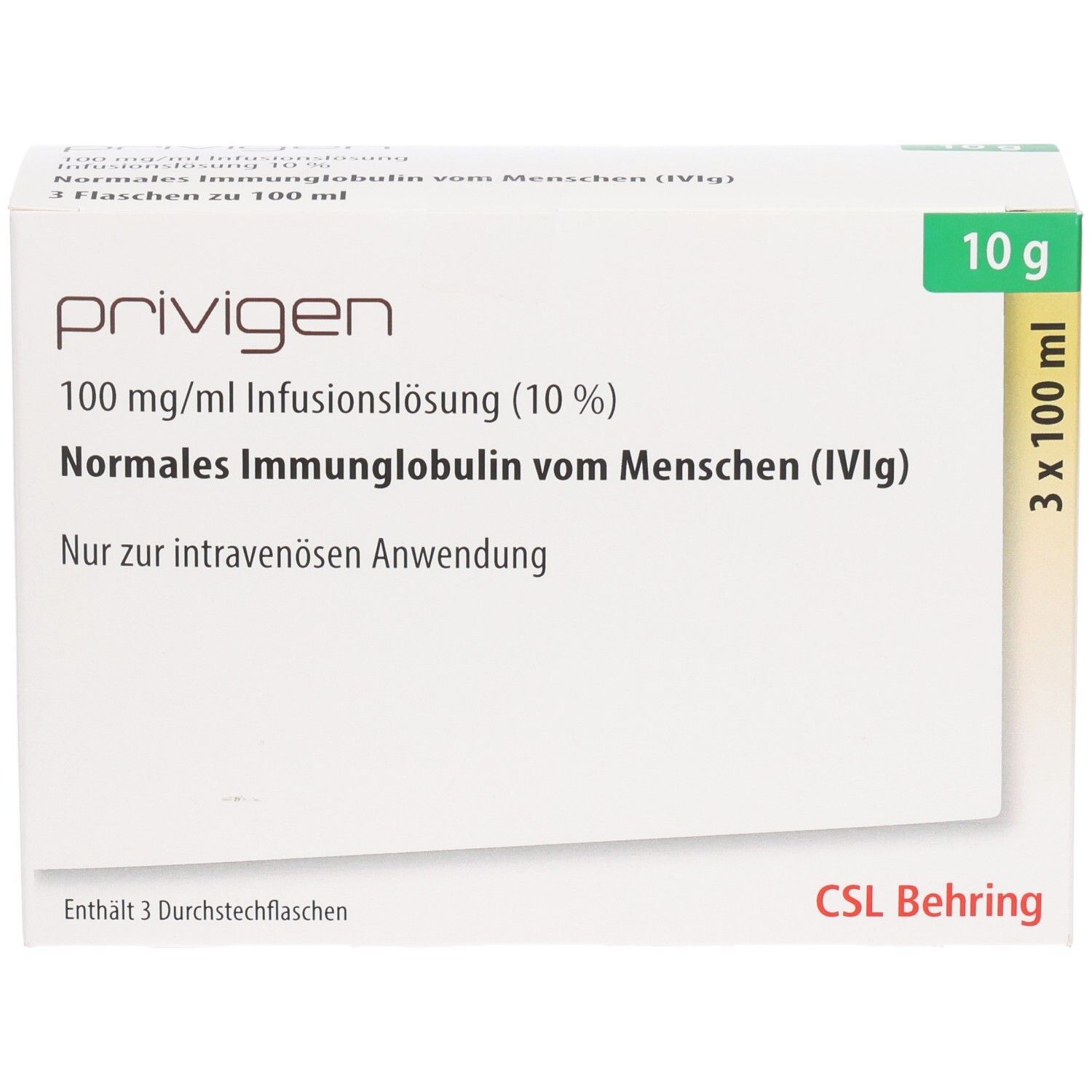 Weiße Kartonverpackung mit Produktinformationen. Aufschrift: Privigen, 100 mg/ml Infusionslösung, 10 g. CSL Behring Logo.