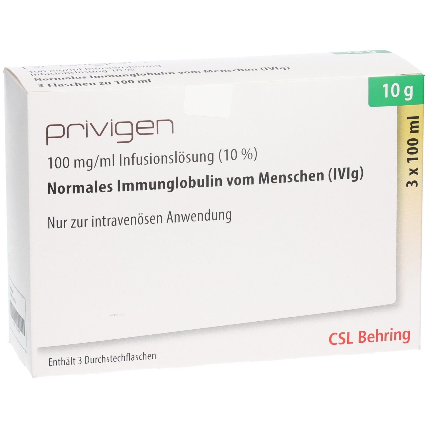 Weiße Kartonverpackung mit Produktinformationen. Aufschrift: Privigen, 100 mg/ml Infusionslösung, 10 g. CSL Behring Logo.