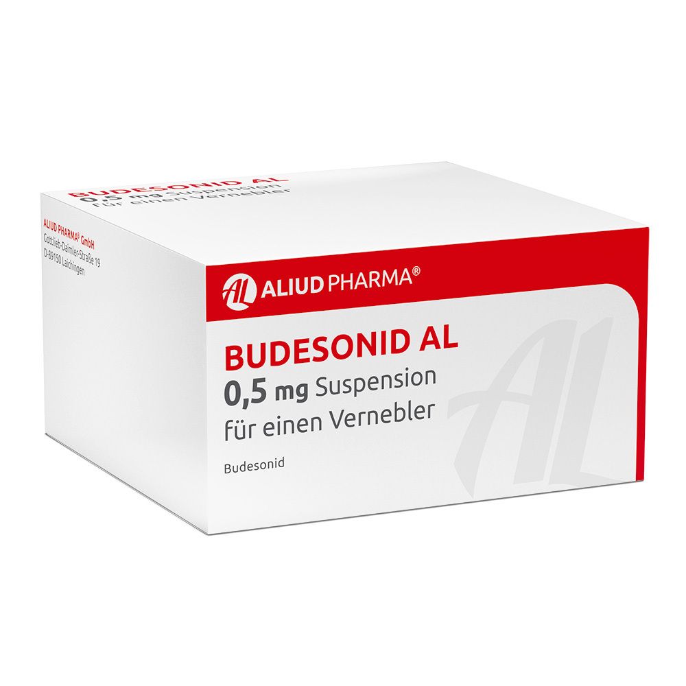 Weiße rechteckige Verpackung. Aufschrift: BUDESONID AL 0,5 mg Suspension für einen Vernebler. Logo: AL, Aluid Pharma.