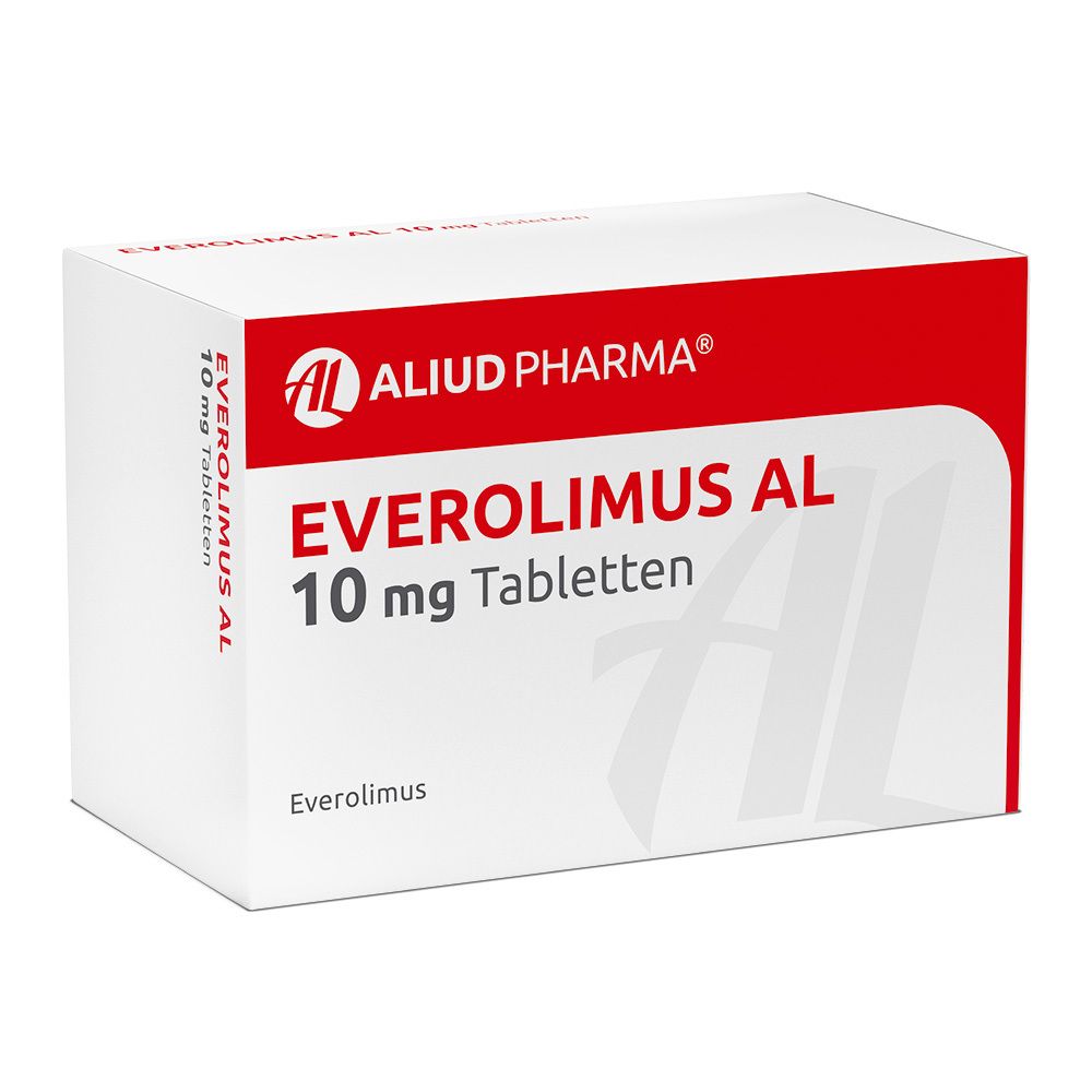 Weiße Schachtel mit rotem Akzent. Aufschrift: EVEROLIMUS AL 10 mg Tabletten. Logo AL und ALIUD PHARMA. Produktname und Dosierung.