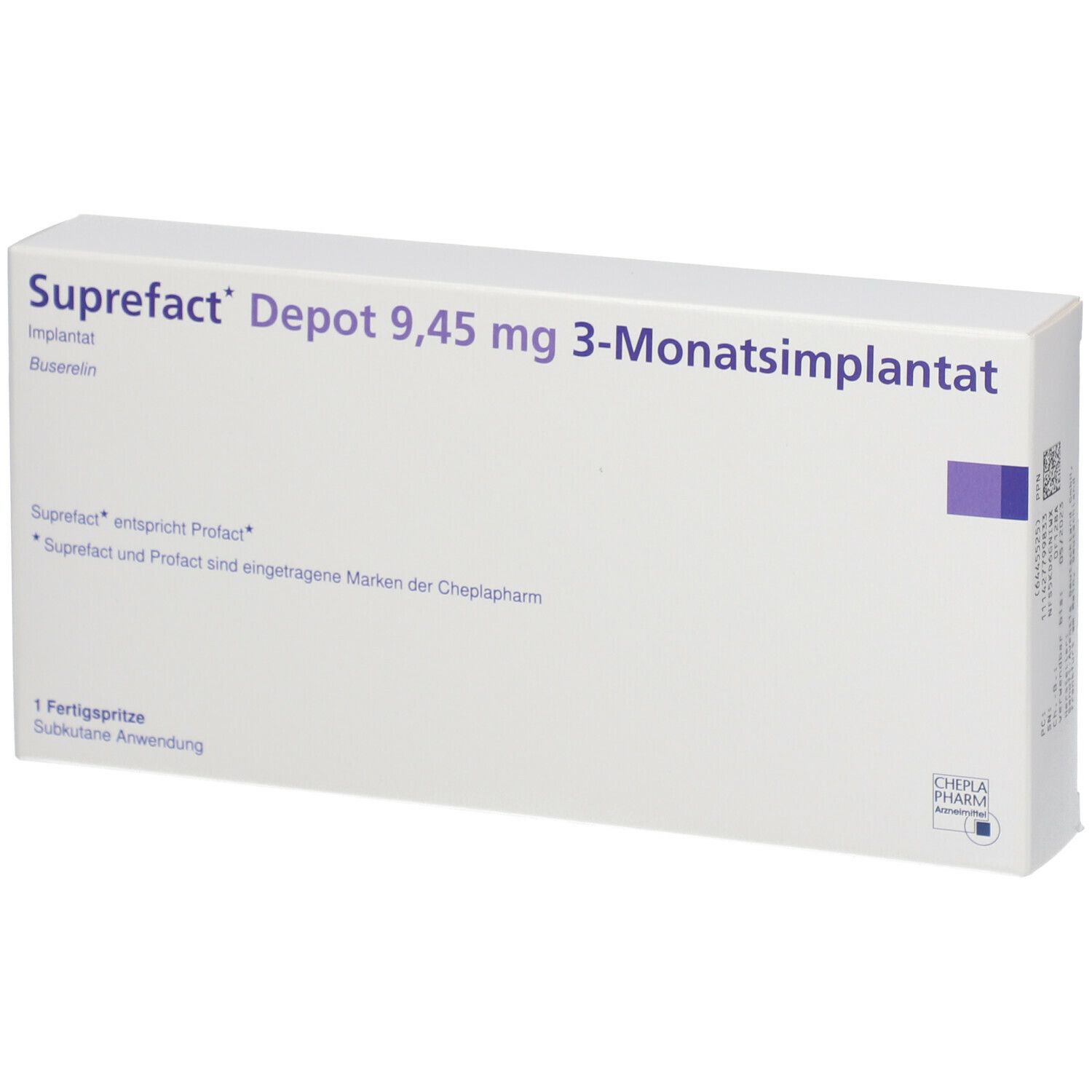 Weiße Suprefact-Verpackung. Aufschrift: Depot 9,45 mg 3-Monatsimplantat. Enthält eine Fertigspritze.