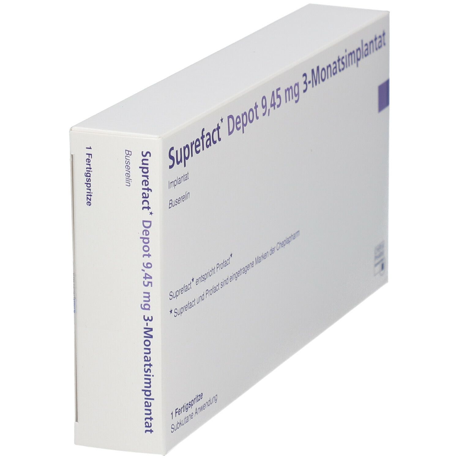Weiße Suprefact-Verpackung. Aufschrift: Depot 9,45 mg 3-Monatsimplantat. Seitenansicht.