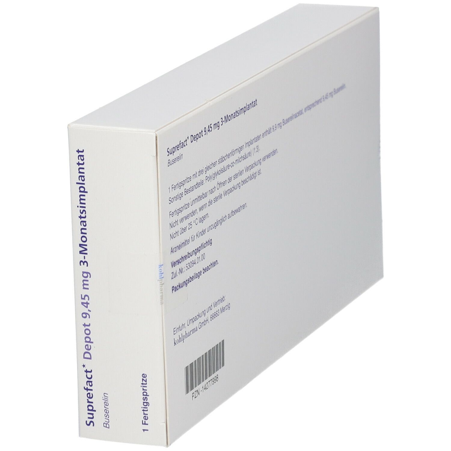 Seitenansicht der weißen Suprefact-Verpackung. Textinformationen und Barcode.