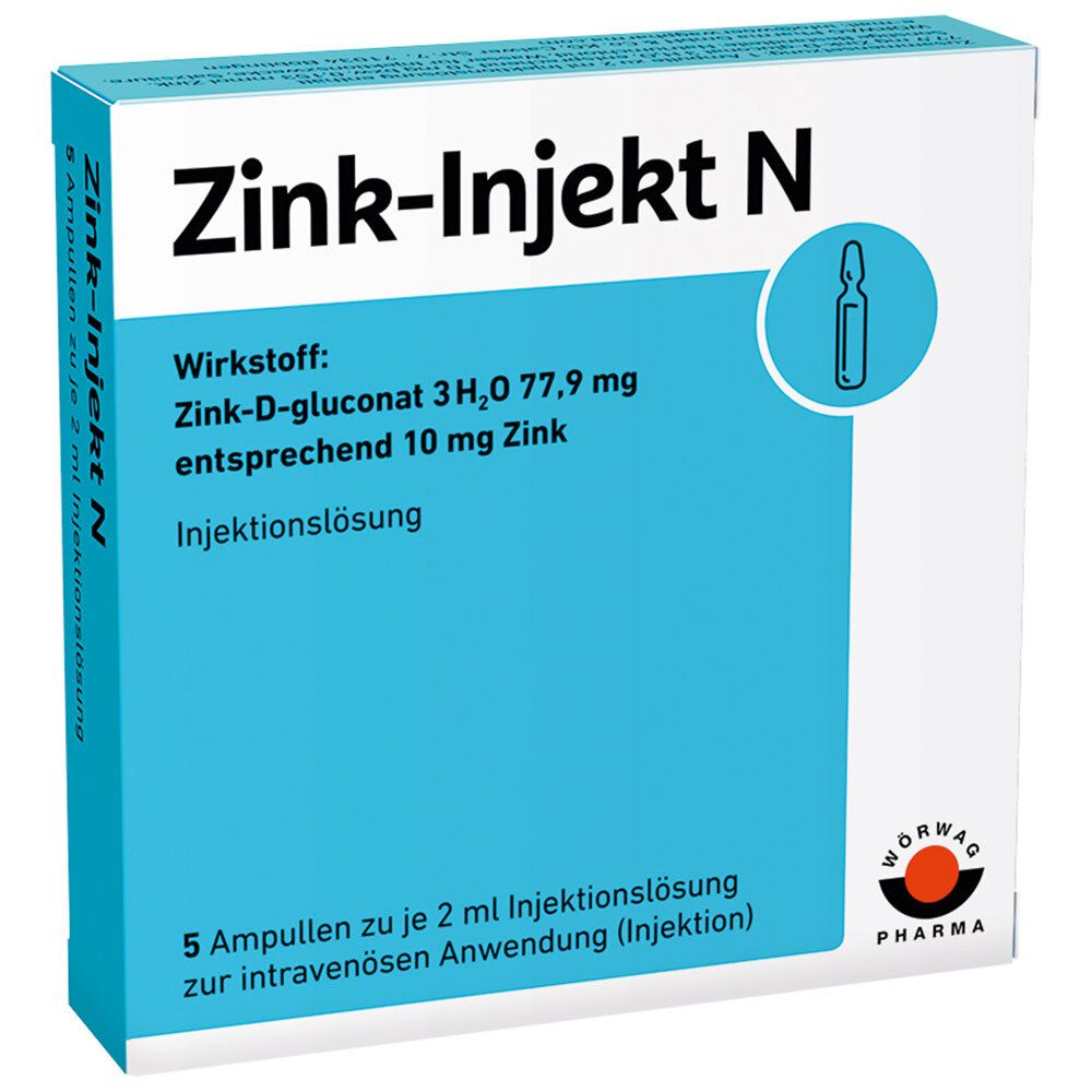 Schachtel mit "Zink-Injekt N". Enthält 5 Ampullen Injektionslösung. Aufschrift: "Wirkstoff: Zink-D-gluconat".