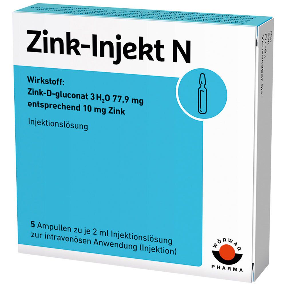 Schachtel "Zink-Injekt N" mit 5 Ampullen Injektionslösung. Aufschrift: "Wirkstoff: Zink-D-gluconat". Logo Worwag Pharma.