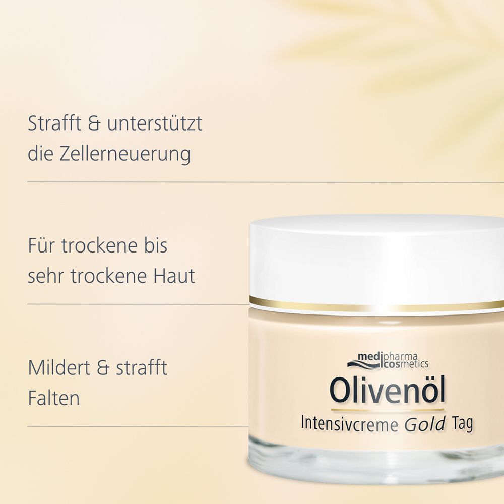 Creme-Glas mit Text: Olivenöl Intensivcreme Gold Tag. Text: Für trockene bis sehr trockene Haut.