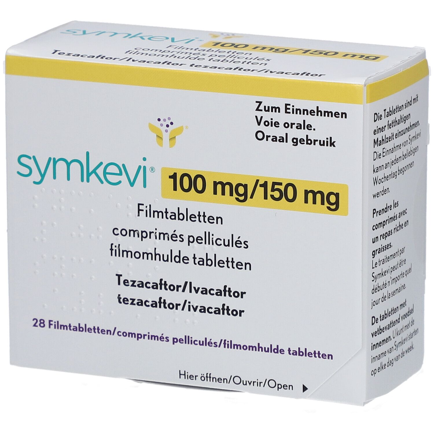 Schachtel mit SYMKEVI 100 mg/150 mg Filmtabletten. Aufschrift: Zum Einnehmen, 28 Filmtabletten. Gelb-weiße Verpackung.