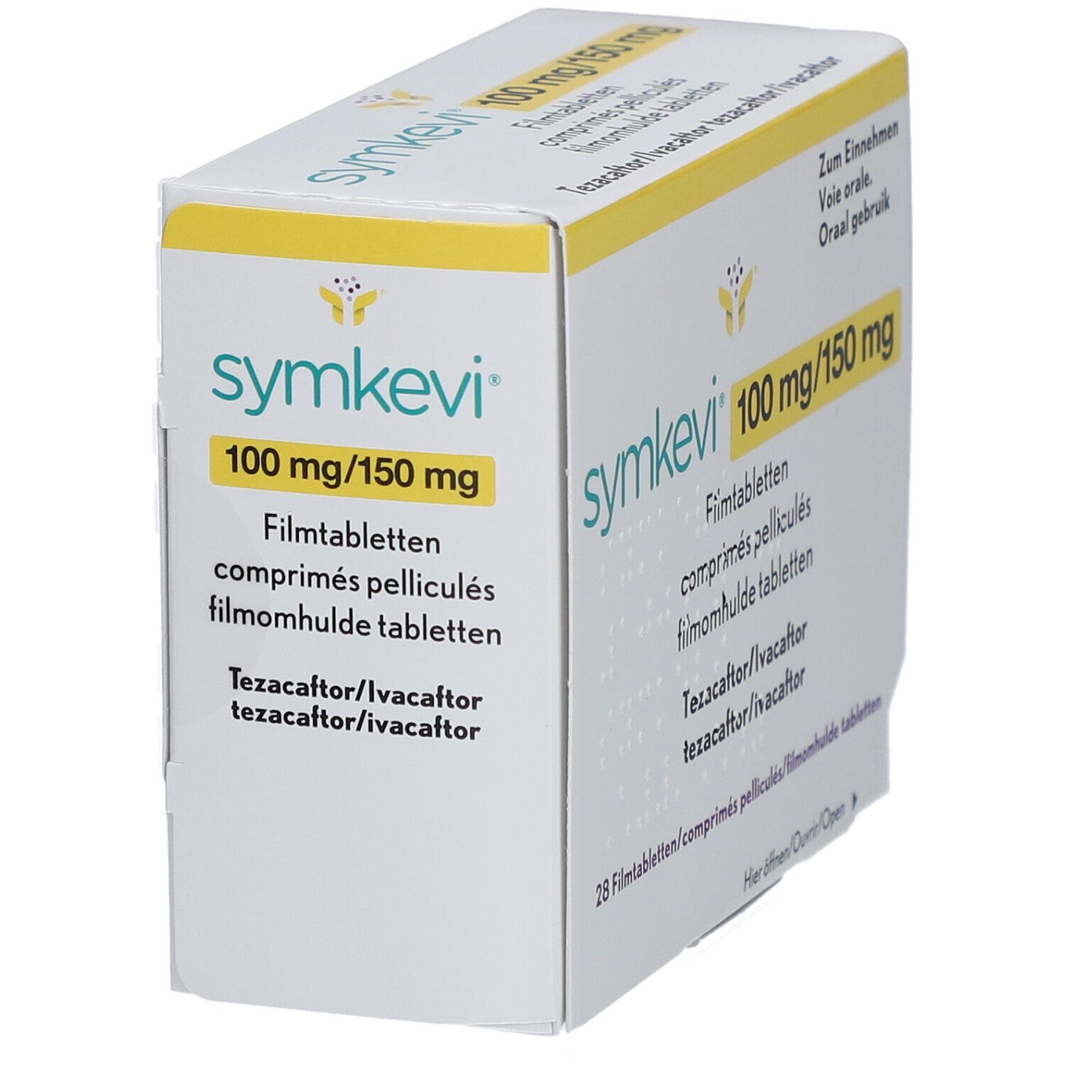 Schachtel SYMKEVI 100 mg/150 mg Filmtabletten. Aufschrift: 28 Filmtabletten, Tezacafotor/Ivacaftor. Gelb-weiße Verpackung.