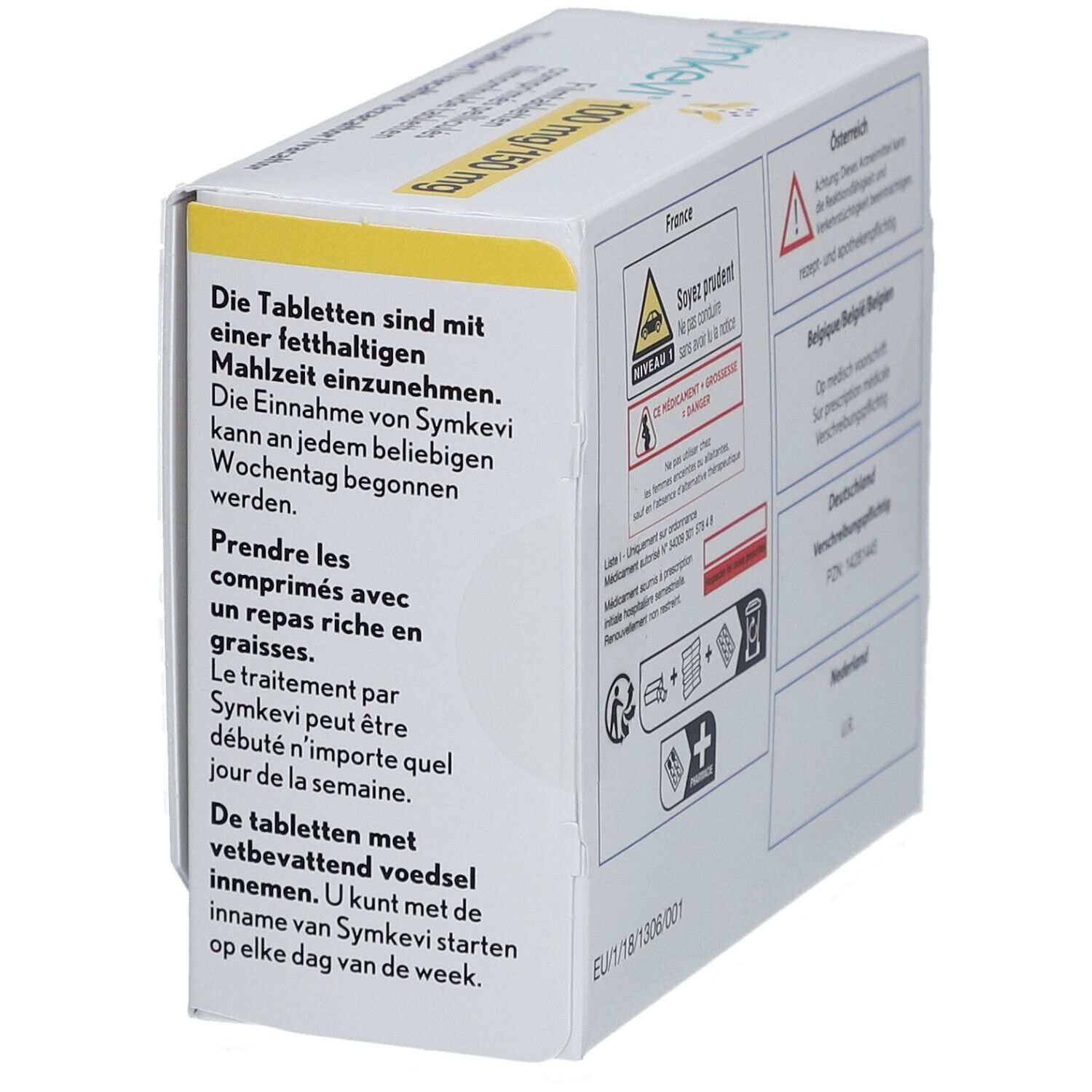 Rückseite der SYMKEVI-Verpackung mit Text in Deutsch, Französisch und Niederländisch. Warnhinweise und Gebrauchsanweisungen.