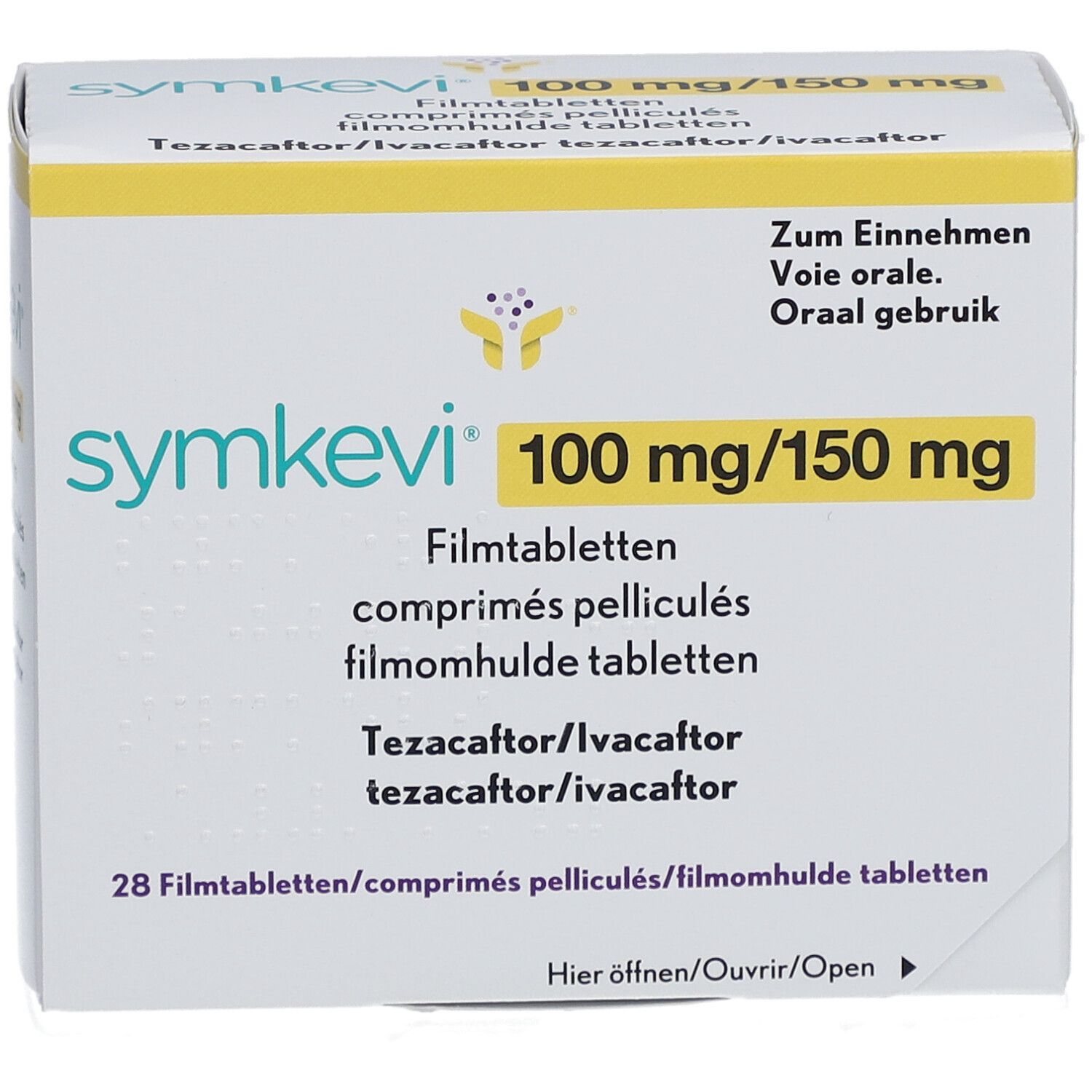 Schachtel SYMKEVI 100 mg/150 mg Filmtabletten. Aufschrift: Zum Einnehmen, 28 Filmtabletten. Gelb-weiße Verpackung.