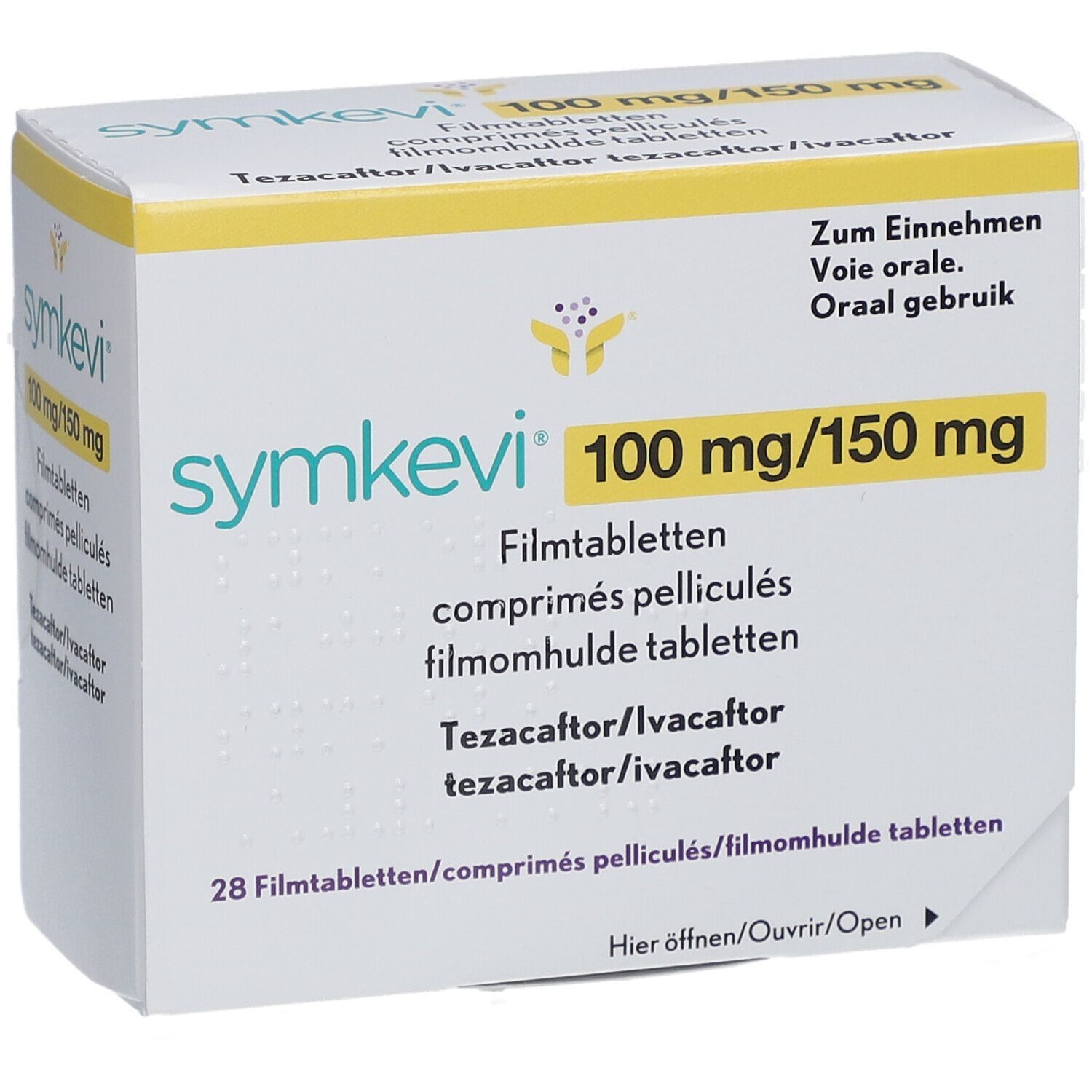 Schachtel SYMKEVI 100 mg/150 mg Filmtabletten. Aufschrift: 28 Filmtabletten, Tezacafotor/Ivacaftor. Gelb-weiße Verpackung.