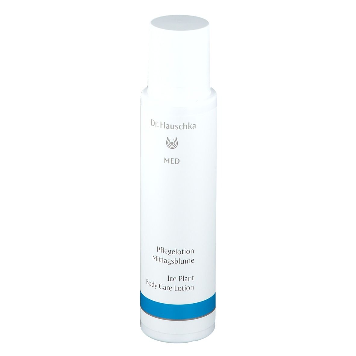 Weiße Flasche mit blauem Streifen. Aufschrift: Dr. Hauschka MED, Pflegelotion Mittagsblume, Ice Plant Body Care Lotion.