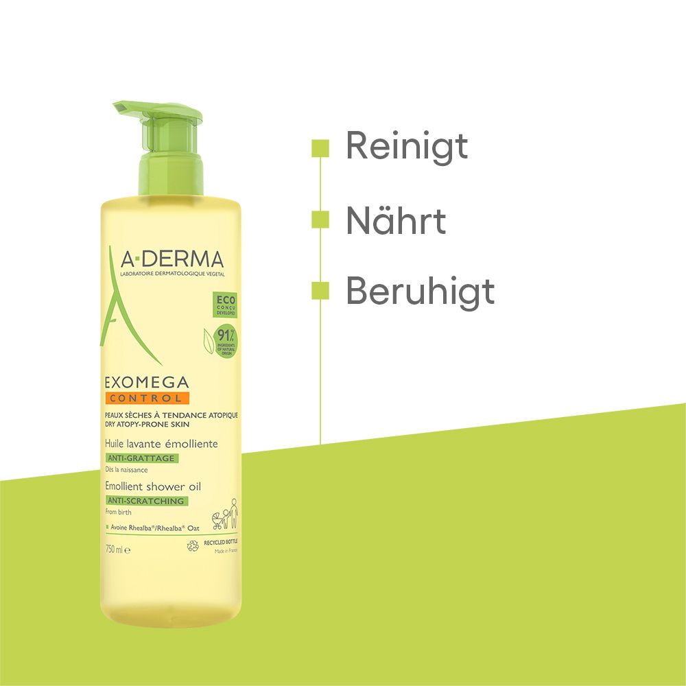 A-DERMA EXOMEGA CONTROL Duschöl. Gelbe Flasche mit grünem Pumpkopf. Text: Reinigt, nährt, beruhigt.