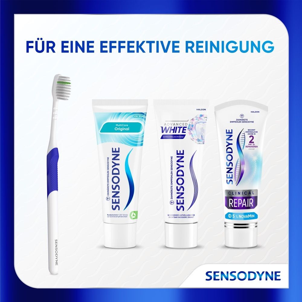 Sensodyne Zahnbürste und drei Zahnpastatuben: Original, Advanced White, Clinical Repair.