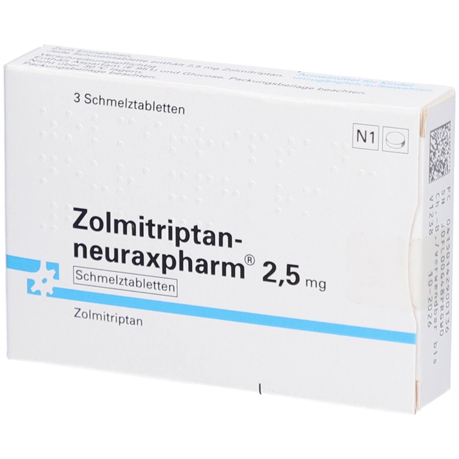Schachtel mit Zolmitriptan-neuraxpharm® 2,5 mg. Aufschrift: 3 Schmelztabletten. Weiße Verpackung mit blauen Akzenten.