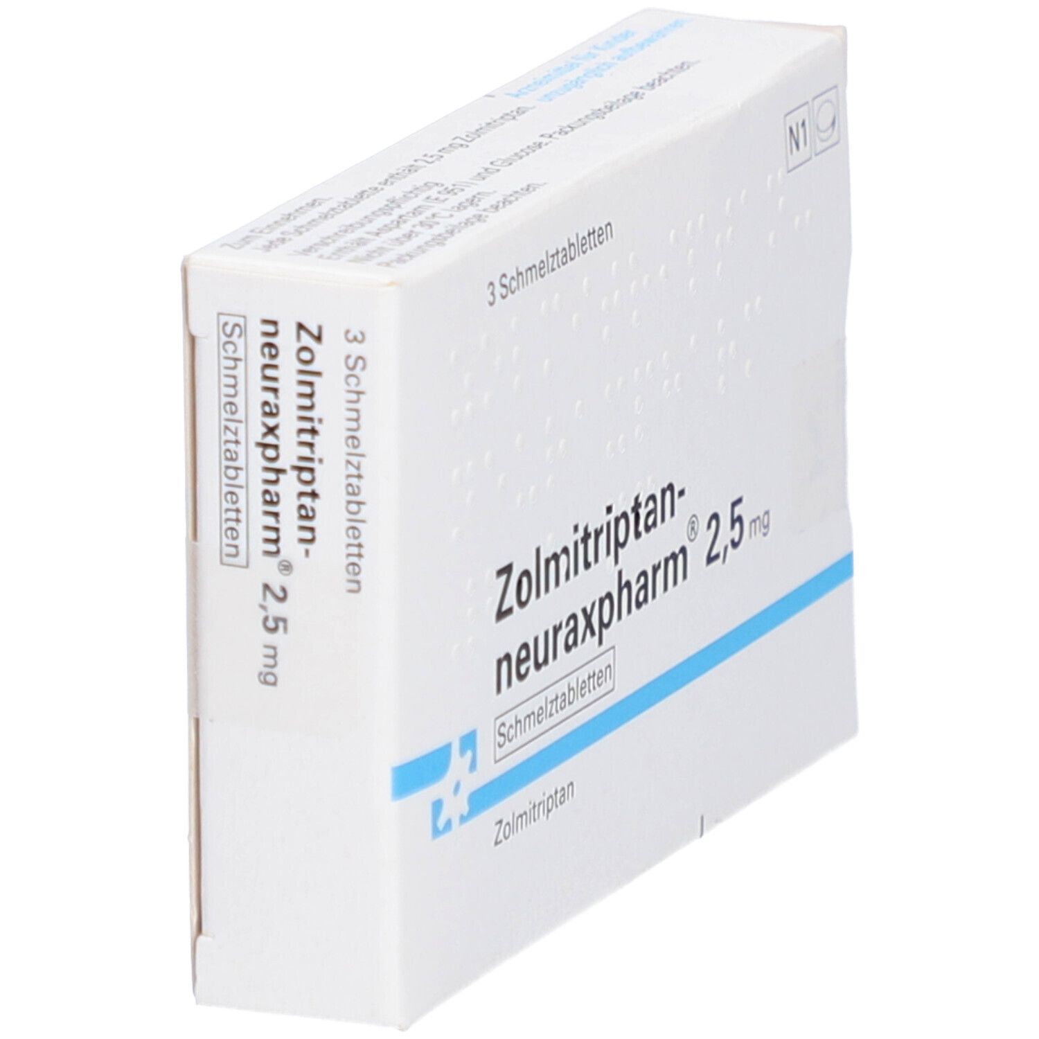 Schachtel mit Zolmitriptan-neuraxpharm® 2,5 mg. Seitenansicht. Weiße Verpackung mit blauen Akzenten und Text.