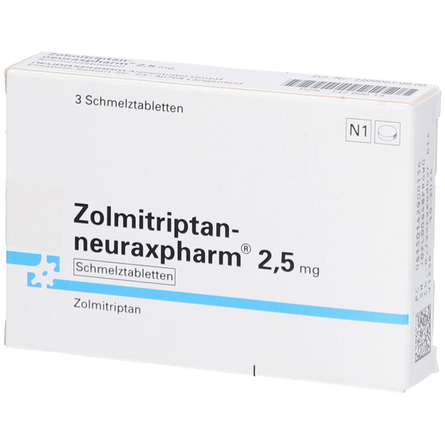 Schachtel mit Zolmitriptan-neuraxpharm® 2,5 mg. Aufschrift: 3 Schmelztabletten. Weiße Verpackung mit blauen Akzenten.