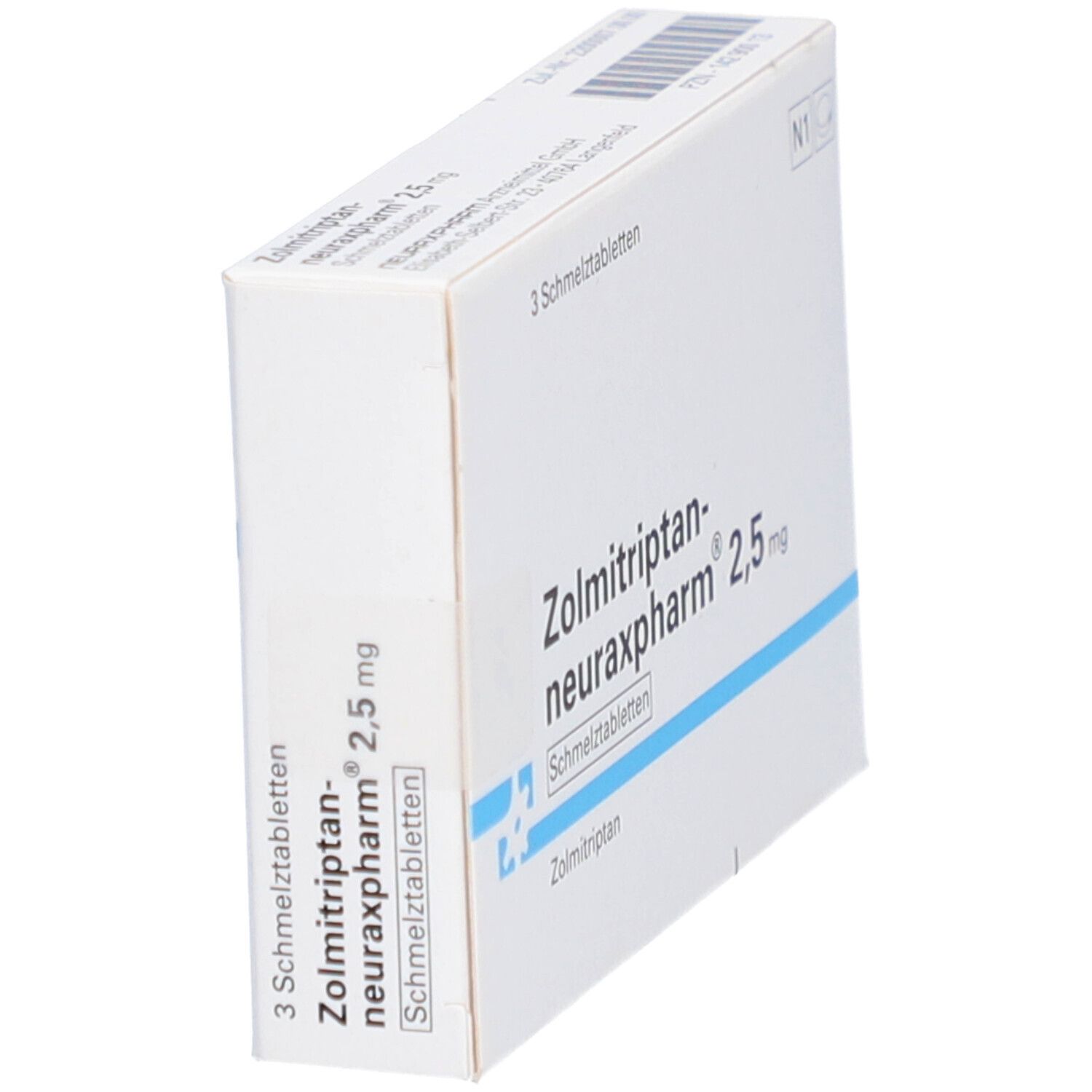 Schachtel mit Zolmitriptan-neuraxpharm® 2,5 mg. Seitenansicht. Weiße Verpackung mit blauen Akzenten und Text.
